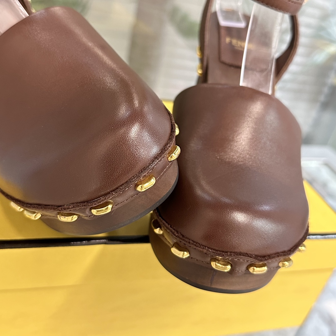 Fendi Baguette Show Brown Leather High-heeled Clogs - DesignerGu