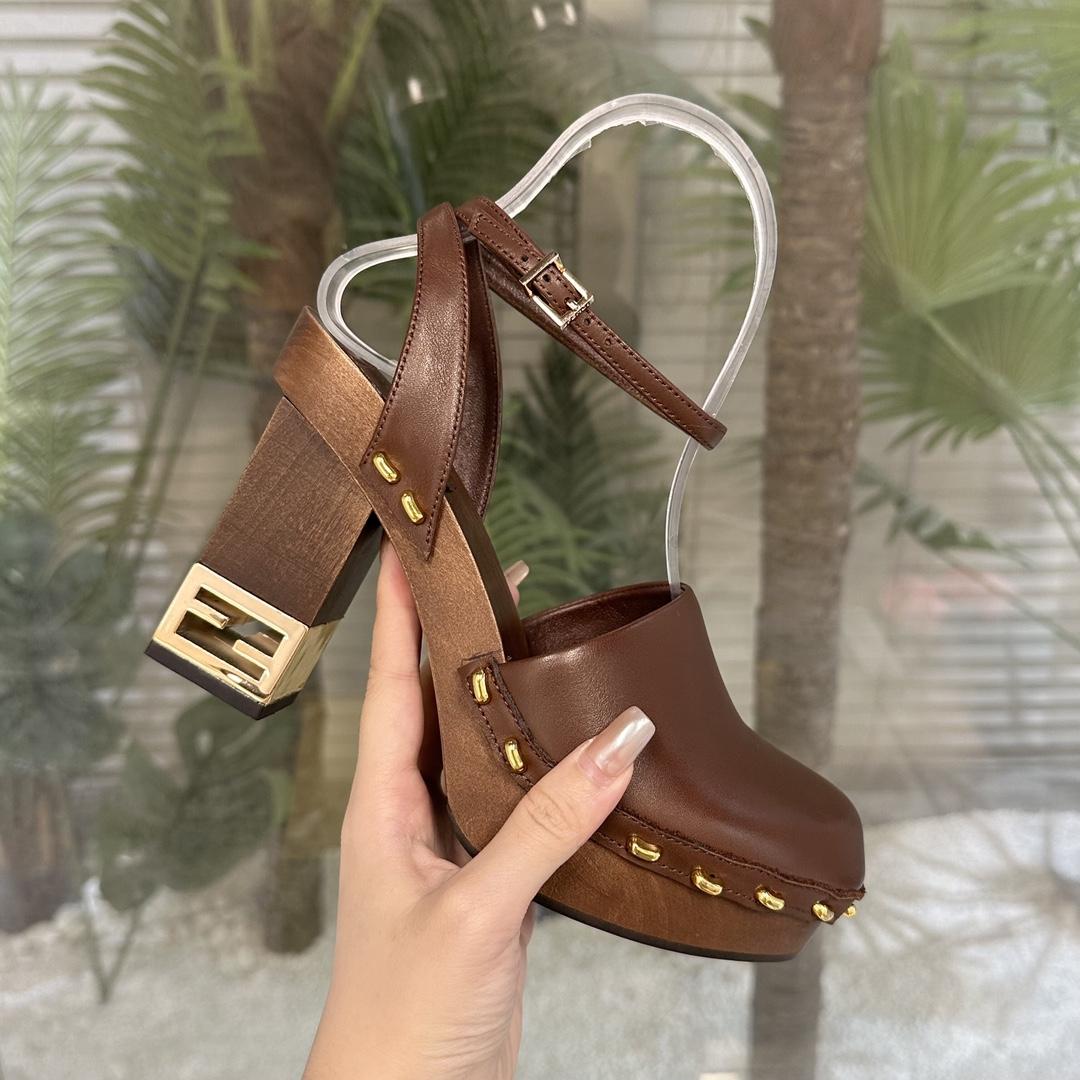 Fendi Baguette Show Brown Leather High-heeled Clogs - DesignerGu