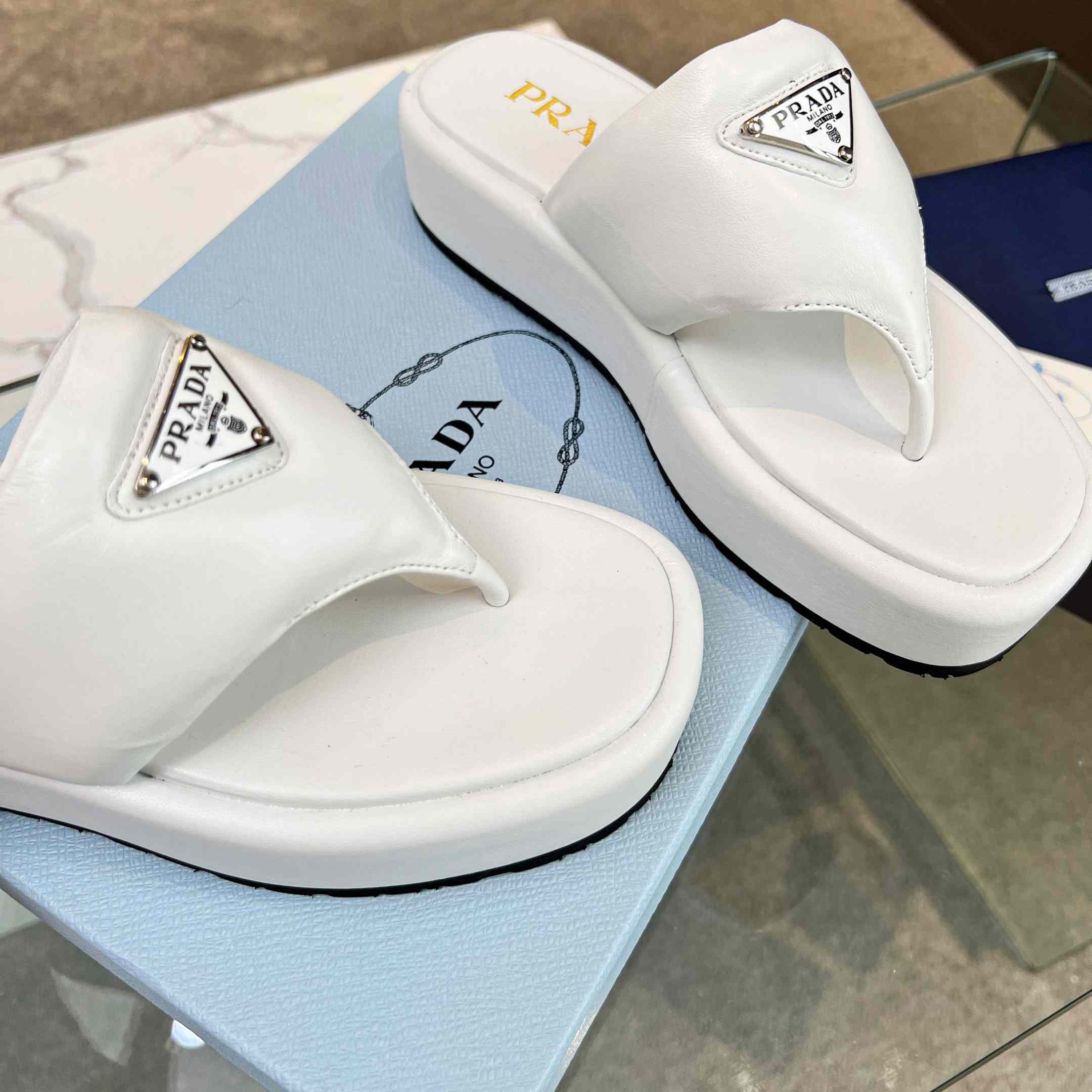 Prada Soft Padded Nappa Leather Thong Wedge Sandals - DesignerGu