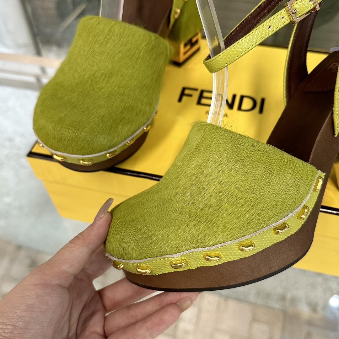 Fendi Baguette Show Green Pony Hair High-heeled Clogs - DesignerGu