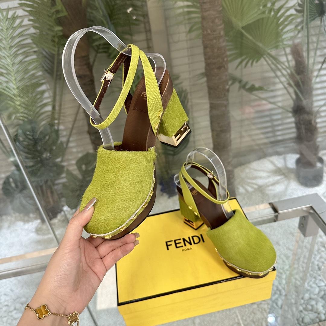 Fendi Baguette Show Green Pony Hair High-heeled Clogs - DesignerGu