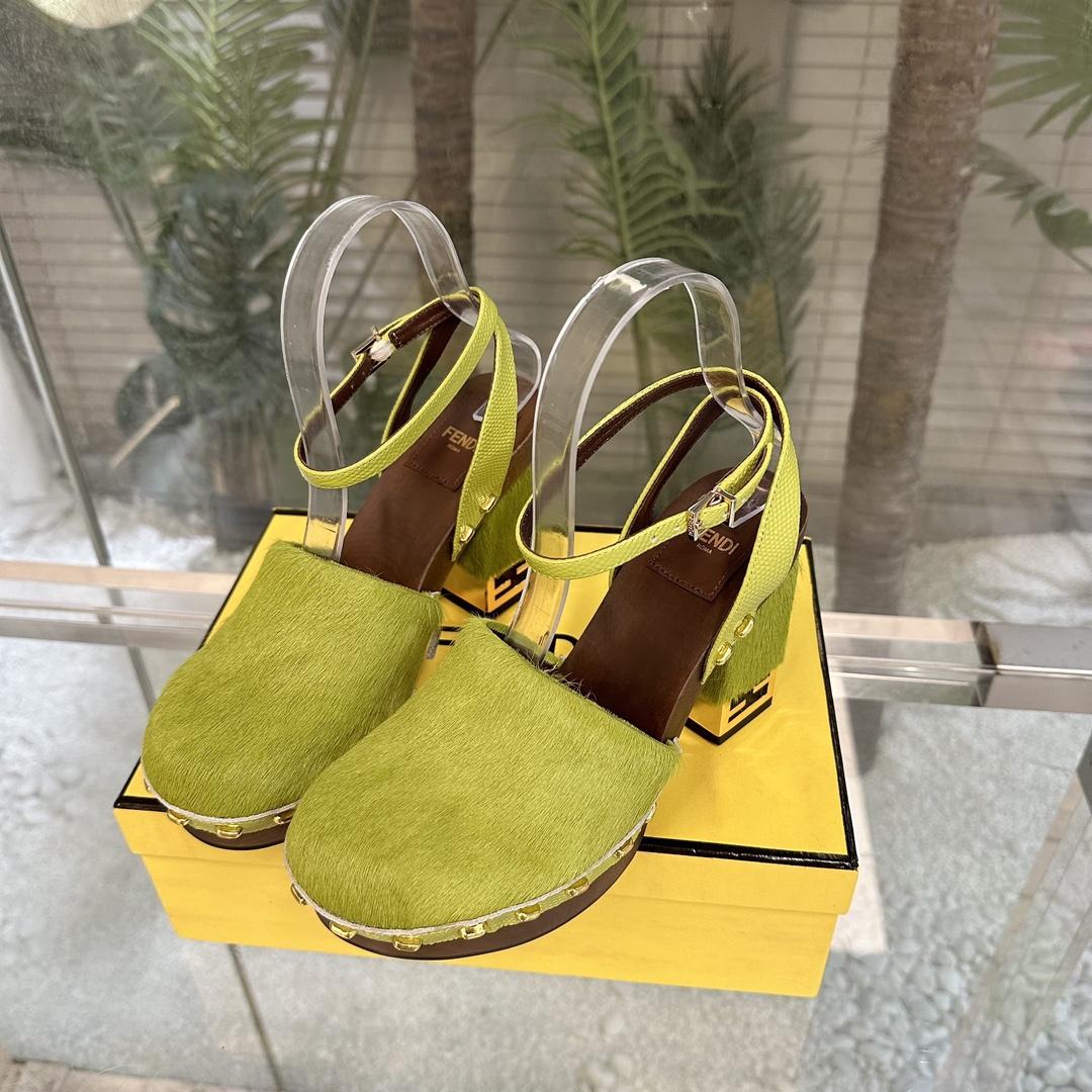 Fendi Baguette Show Green Pony Hair High-heeled Clogs - DesignerGu