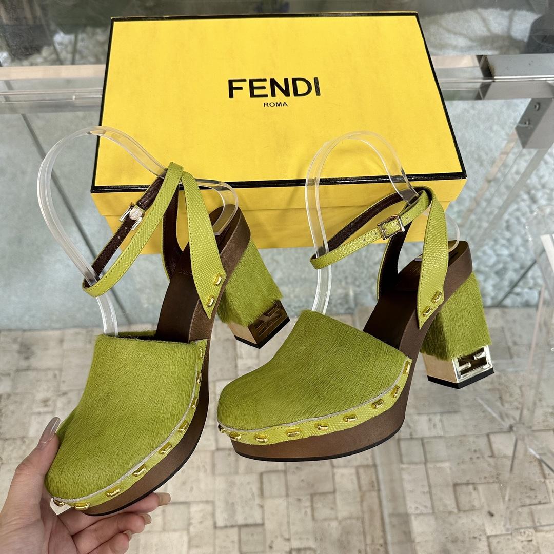 Fendi Baguette Show Green Pony Hair High-heeled Clogs - DesignerGu