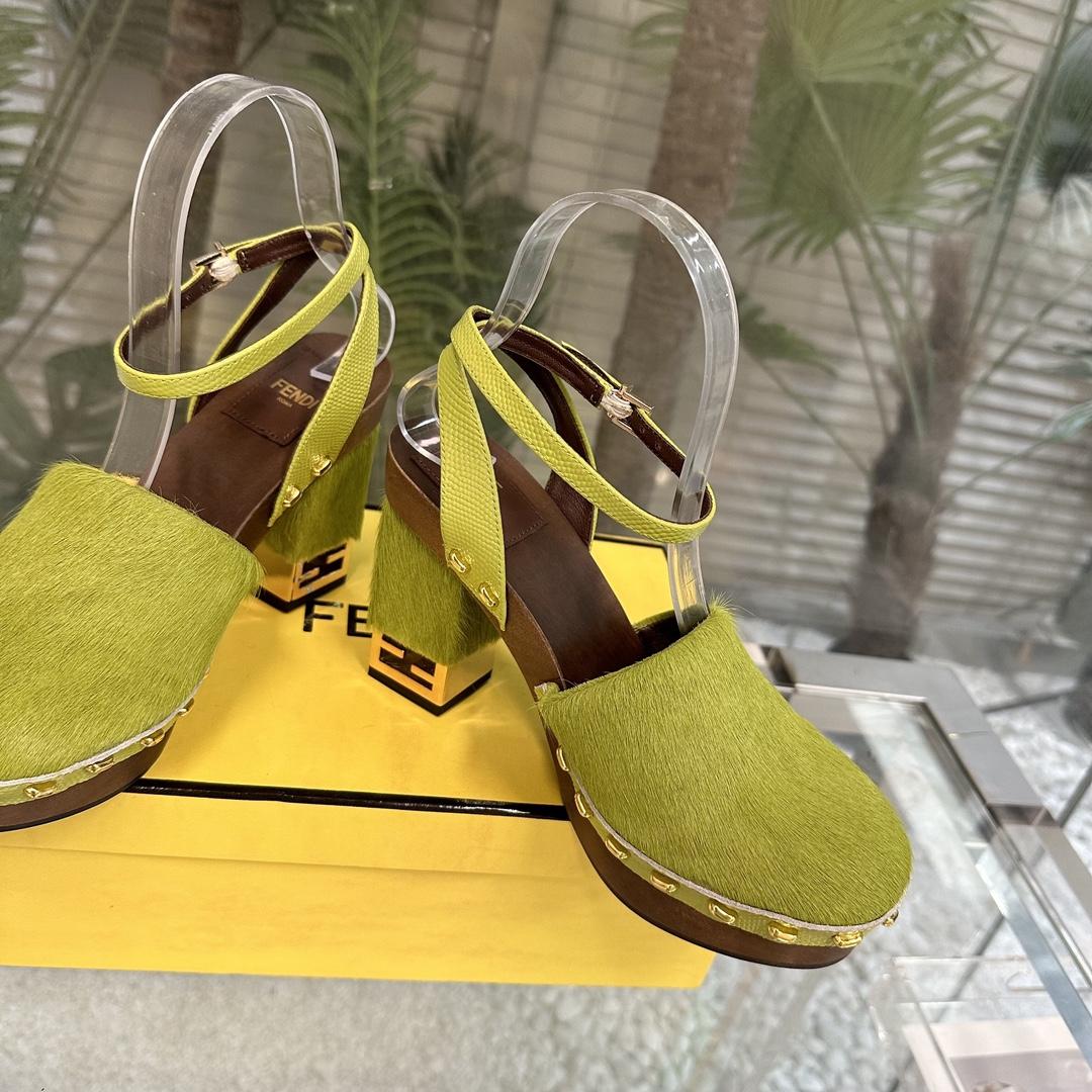 Fendi Baguette Show Green Pony Hair High-heeled Clogs - DesignerGu