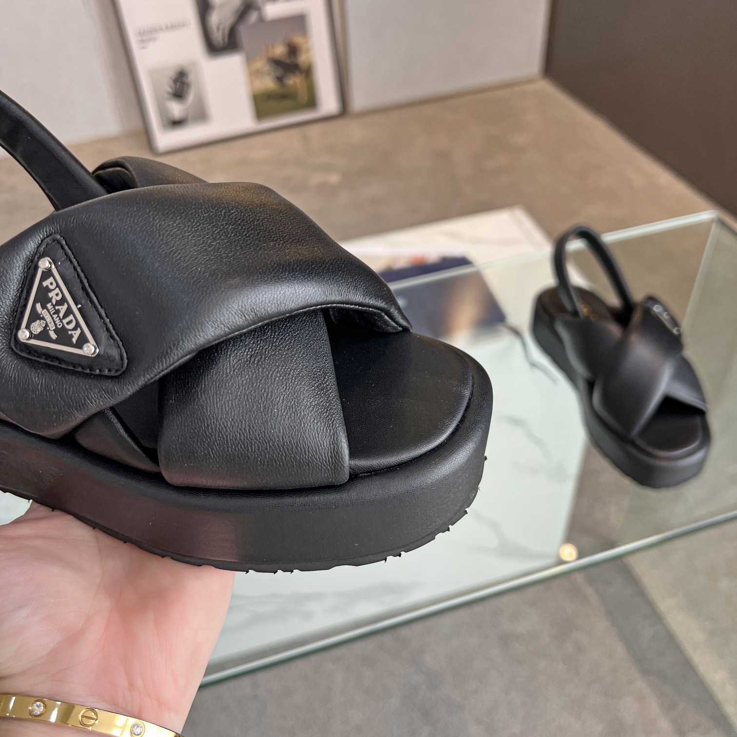 Prada Soft Padded Nappa Leather Wedge Sandals - DesignerGu