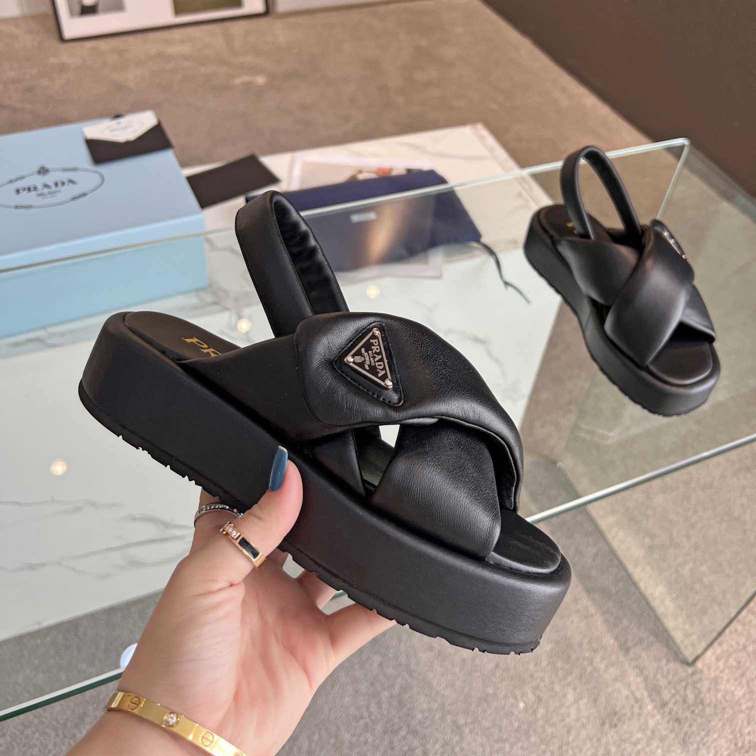 Prada Soft Padded Nappa Leather Wedge Sandals - DesignerGu