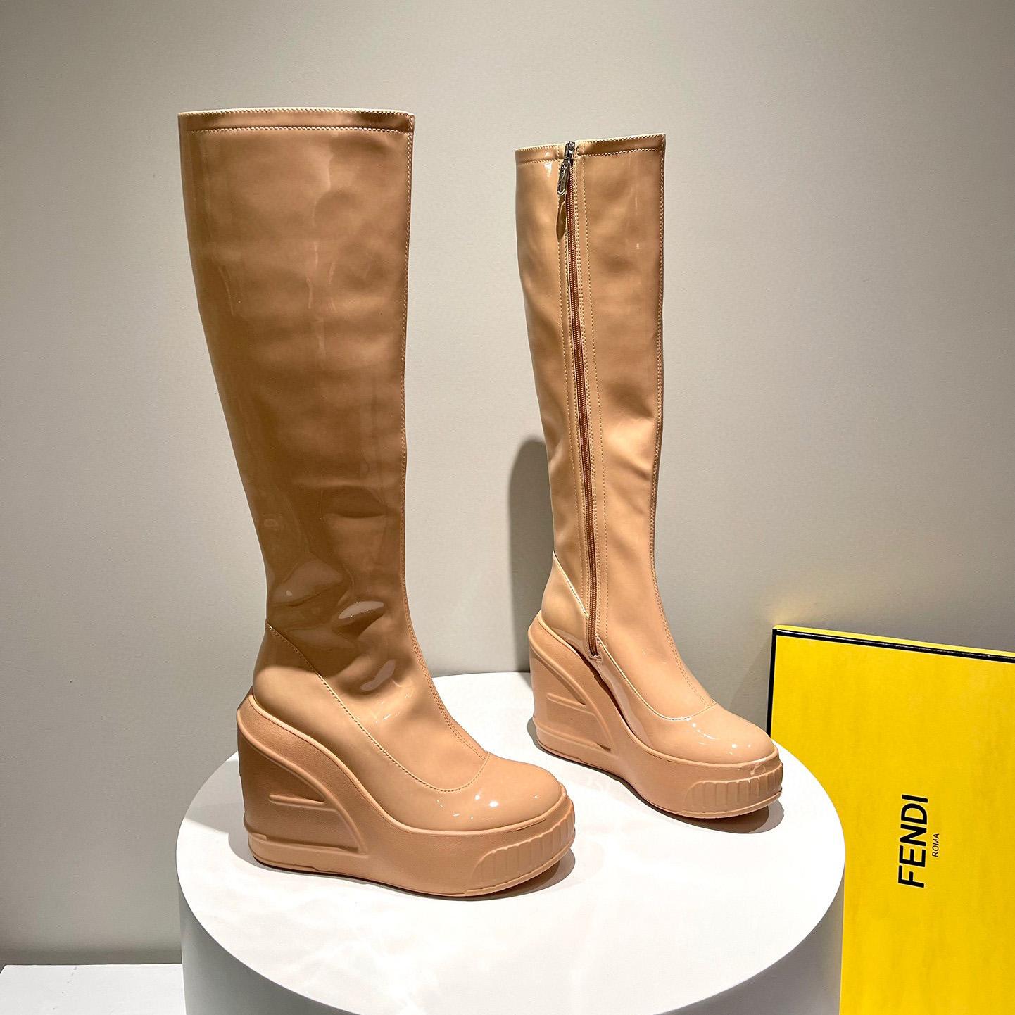 Fendi Fashion Show Beige Patent Leather Boots - DesignerGu