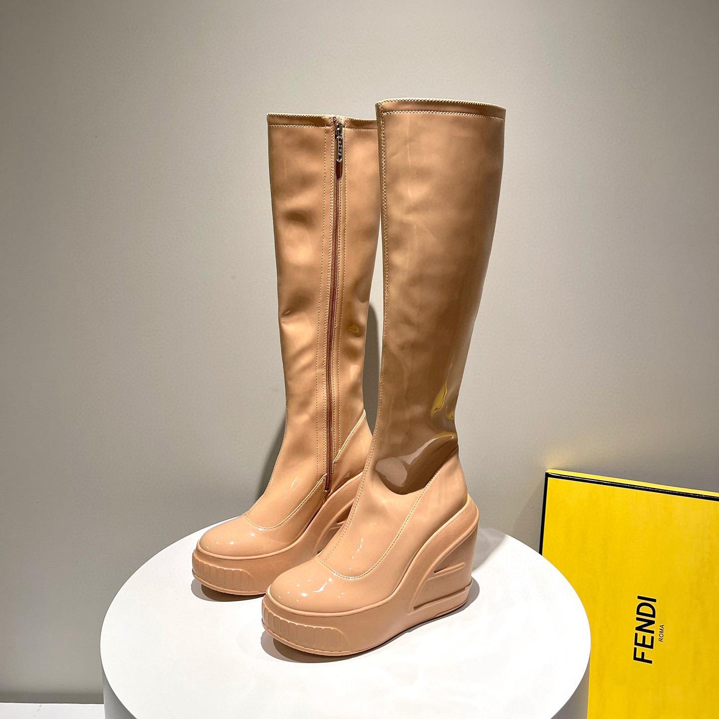 Fendi Fashion Show Beige Patent Leather Boots - DesignerGu