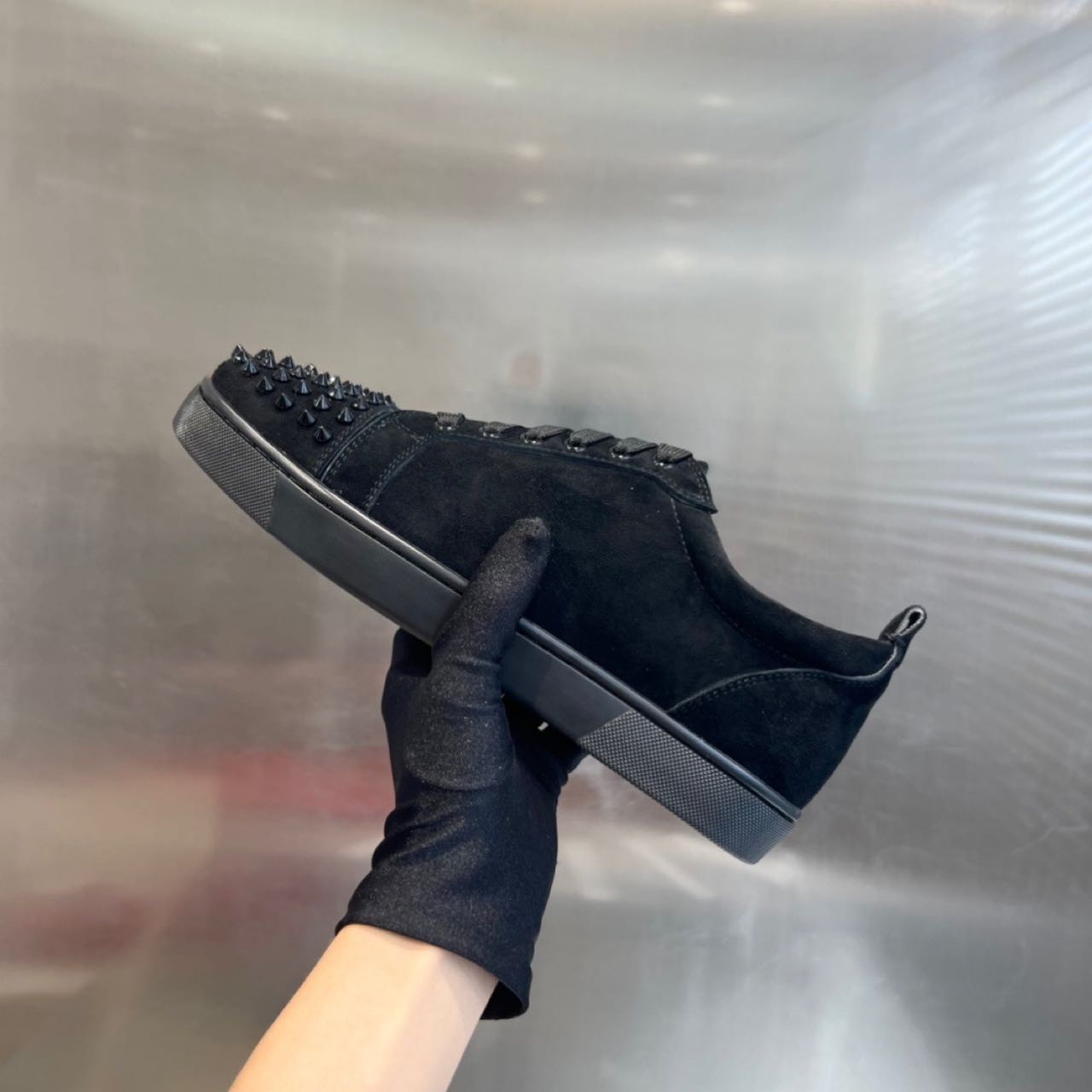 Christian Louboutin Louis Junior Spikes Sneakers - Suede calf And Spikes - Black - DesignerGu