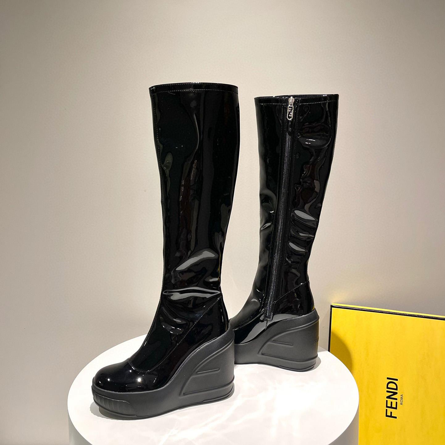 Fendi Fashion Show Black Patent Leather Boots - DesignerGu