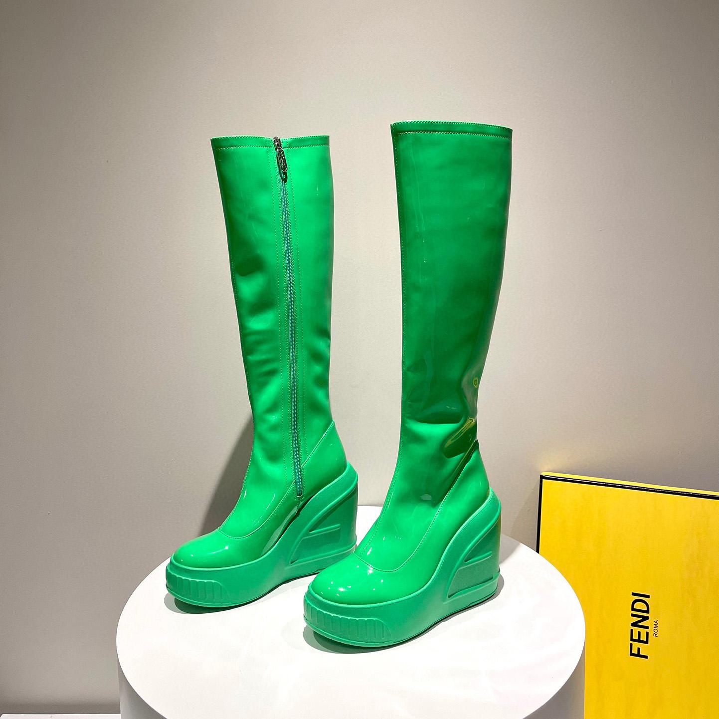 Fendi Fashion Show Green Patent Leather Boots - DesignerGu