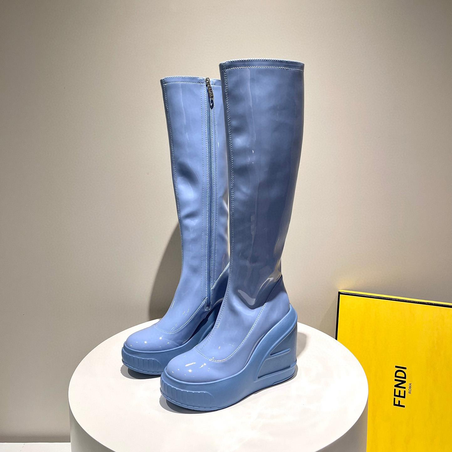 Fendi Fashion Show Blue Patent Leather Boots - DesignerGu