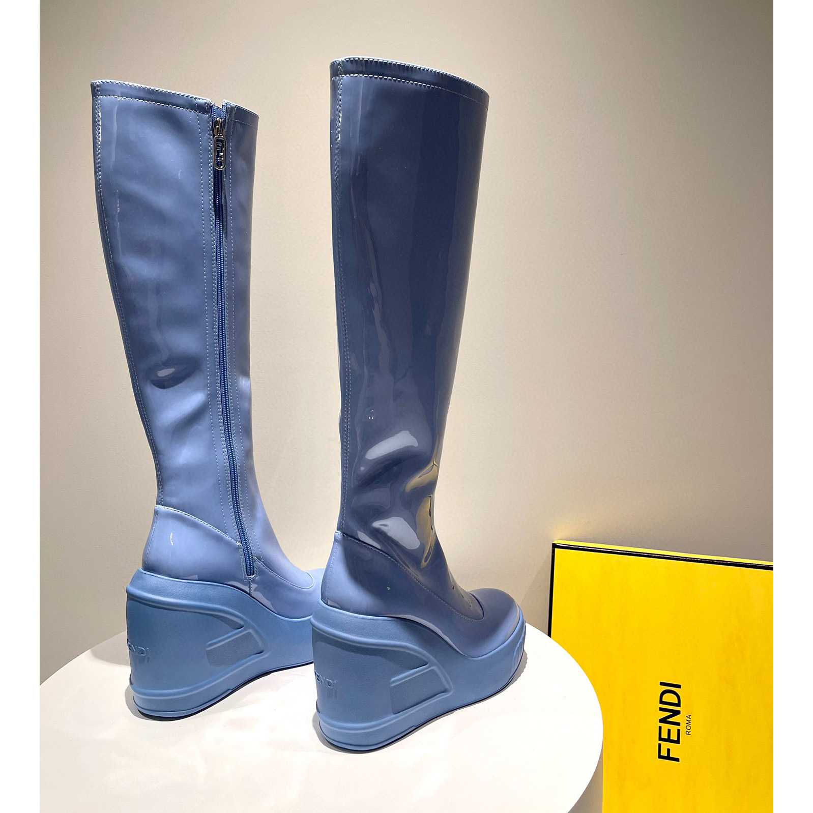 Fendi Fashion Show Blue Patent Leather Boots - DesignerGu