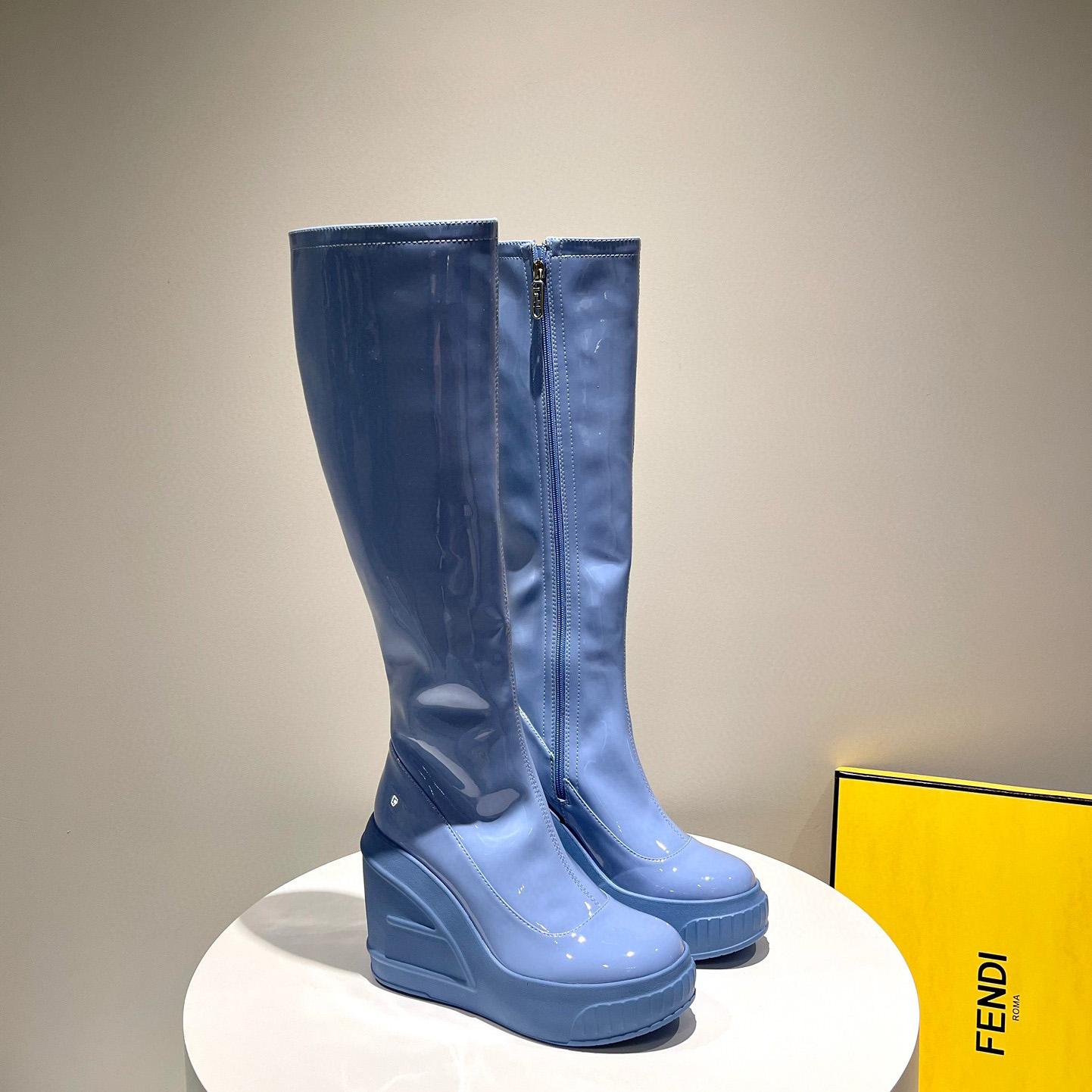 Fendi Fashion Show Blue Patent Leather Boots - DesignerGu