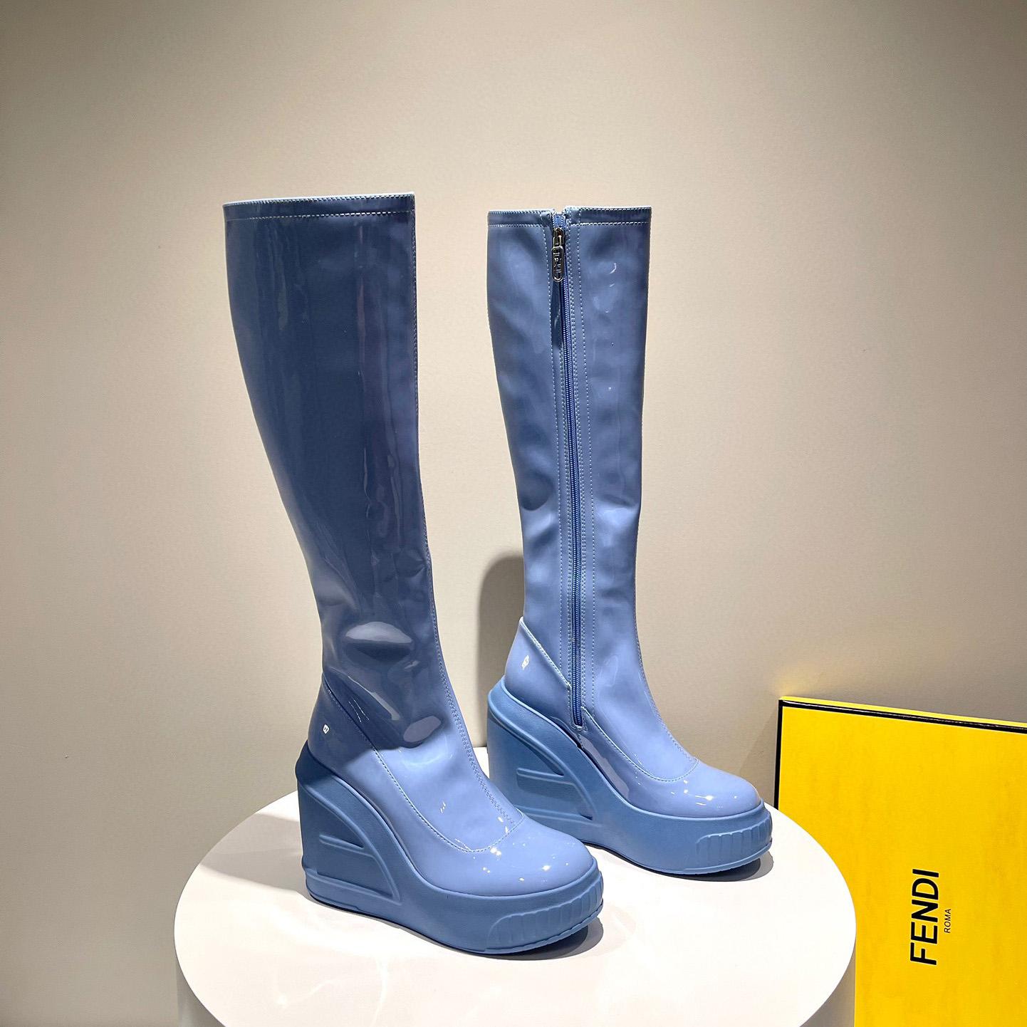 Fendi Fashion Show Blue Patent Leather Boots - DesignerGu