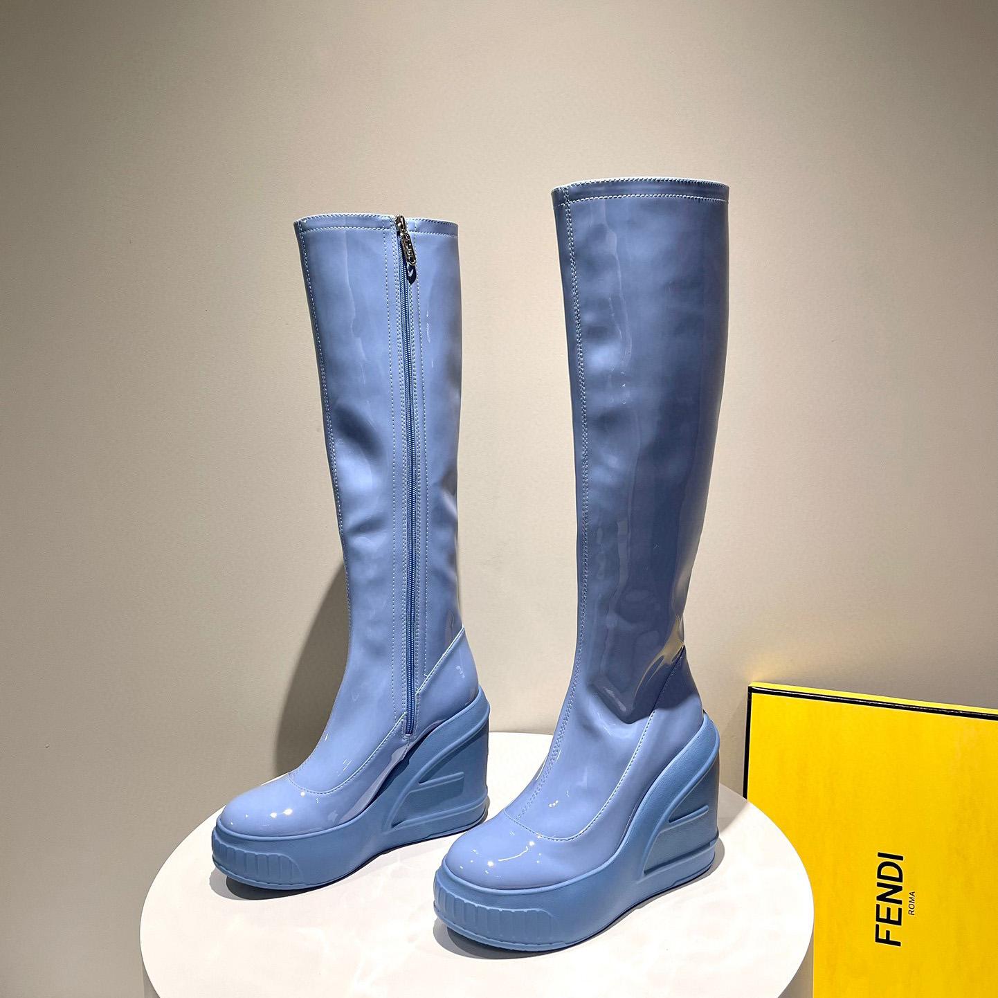 Fendi Fashion Show Blue Patent Leather Boots - DesignerGu