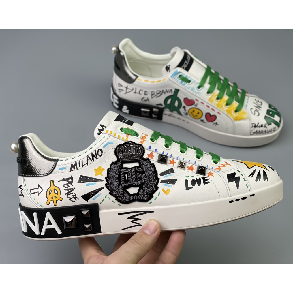 Dolce & Gabbana Calfskin Portofino Sneakers With Embroidery And Studs - DesignerGu