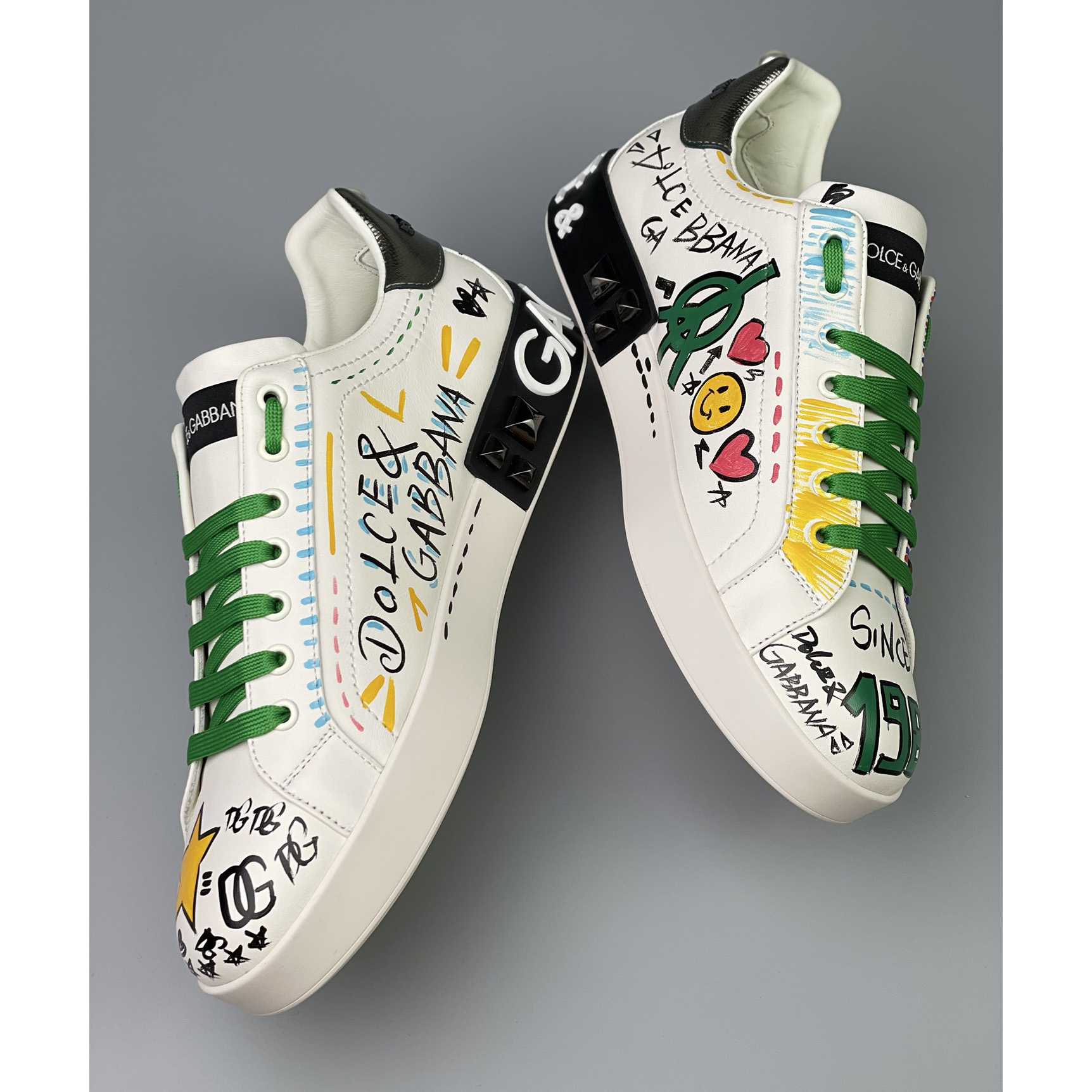 Dolce & Gabbana Calfskin Portofino Sneakers With Embroidery And Studs - DesignerGu