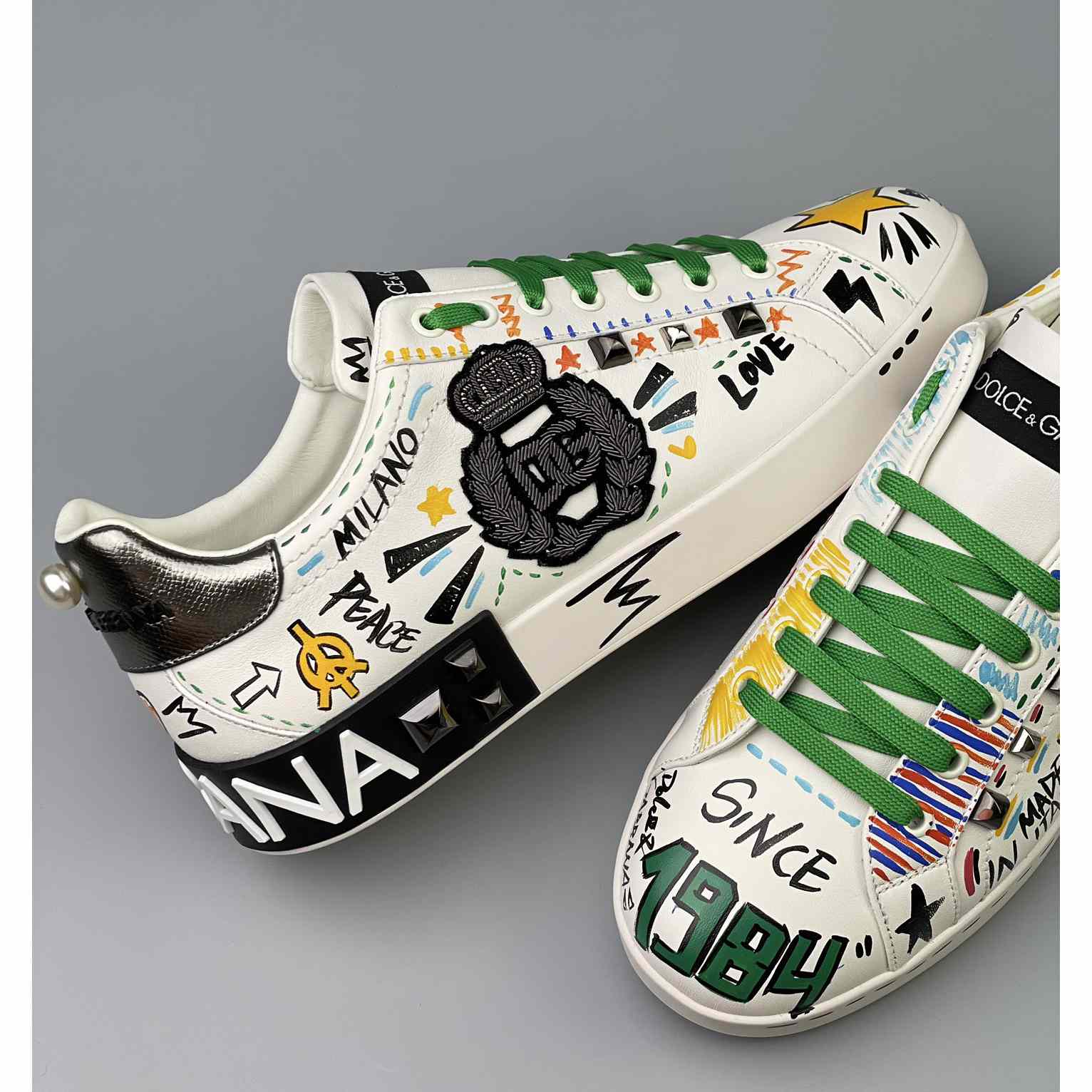 Dolce & Gabbana Calfskin Portofino Sneakers With Embroidery And Studs - DesignerGu