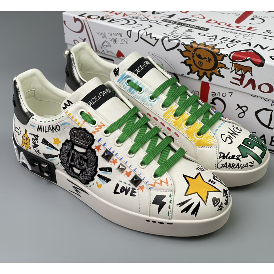 Dolce & Gabbana Calfskin Portofino Sneakers With Embroidery And Studs - DesignerGu