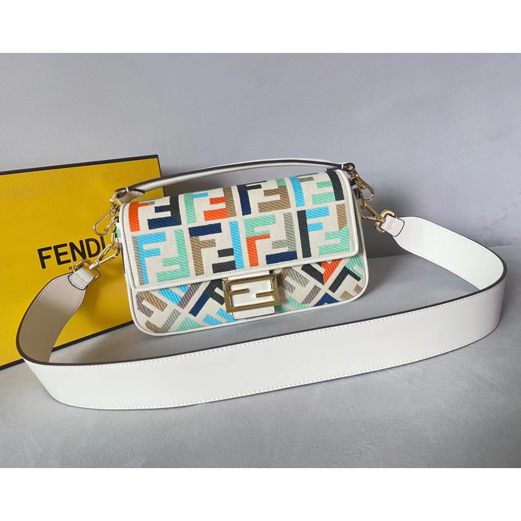 Fendi Baguette Multicolor Canvas Bag With FF Embroidery - DesignerGu