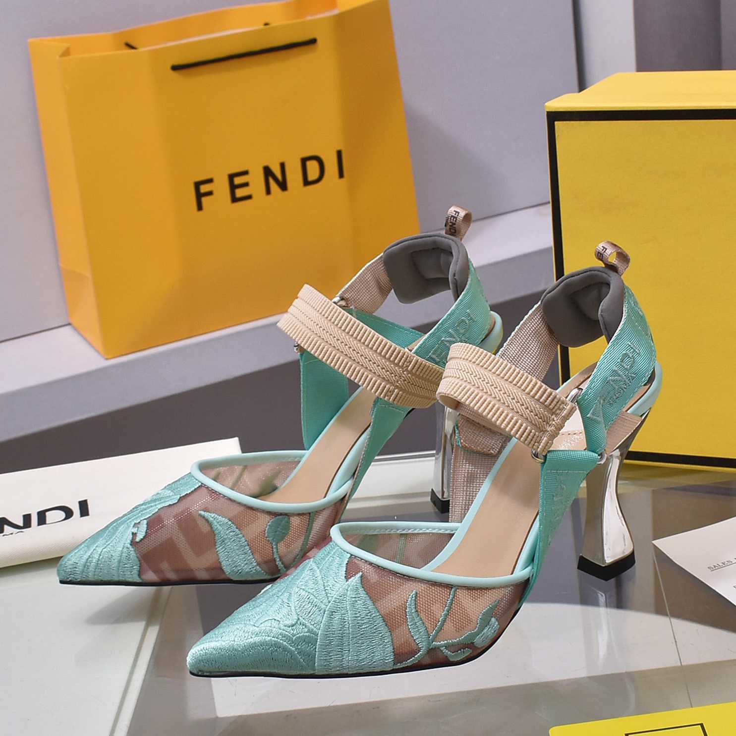 Fendi Colibrì Beige Mesh High-heeled Slingbacks - DesignerGu