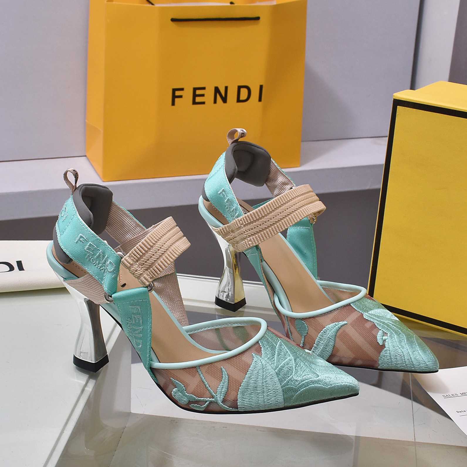 Fendi Colibrì Beige Mesh High-heeled Slingbacks - DesignerGu