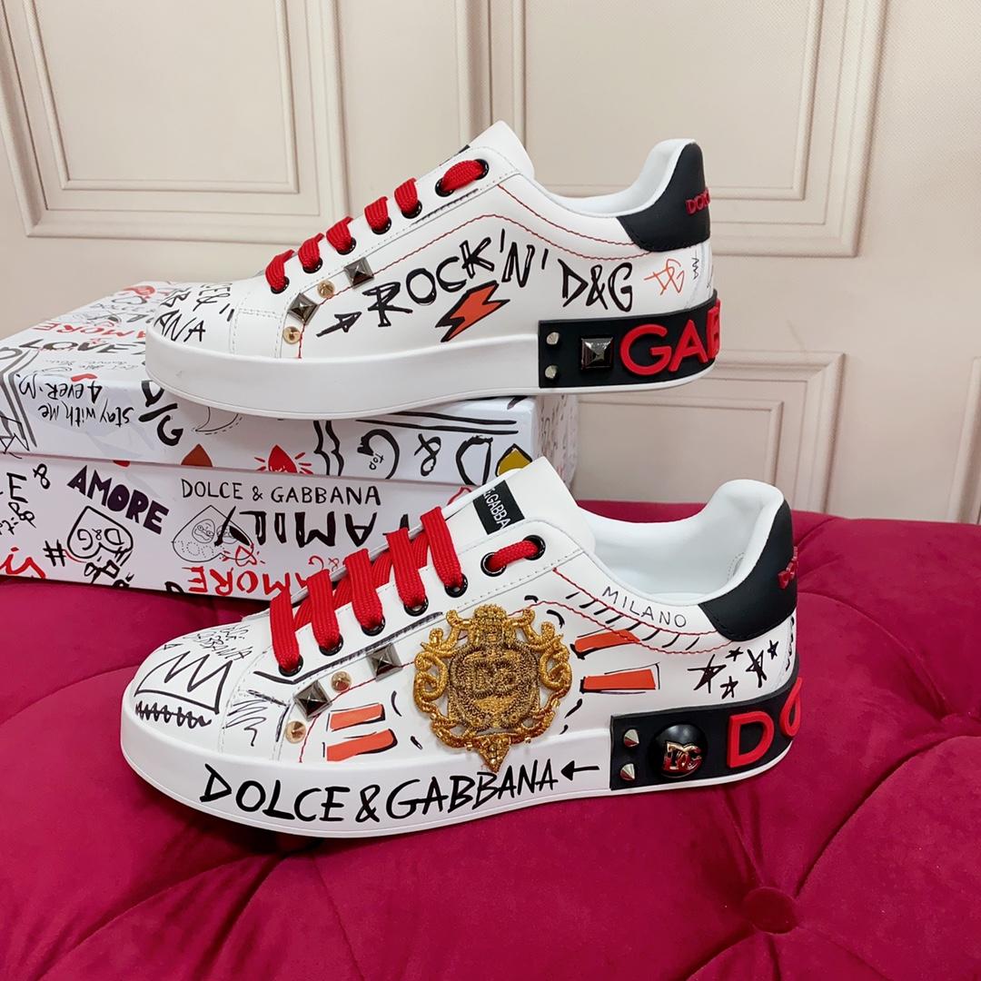 Dolce & Gabbana Calfskin Portofino Sneakers With Embroidery And Studs - DesignerGu