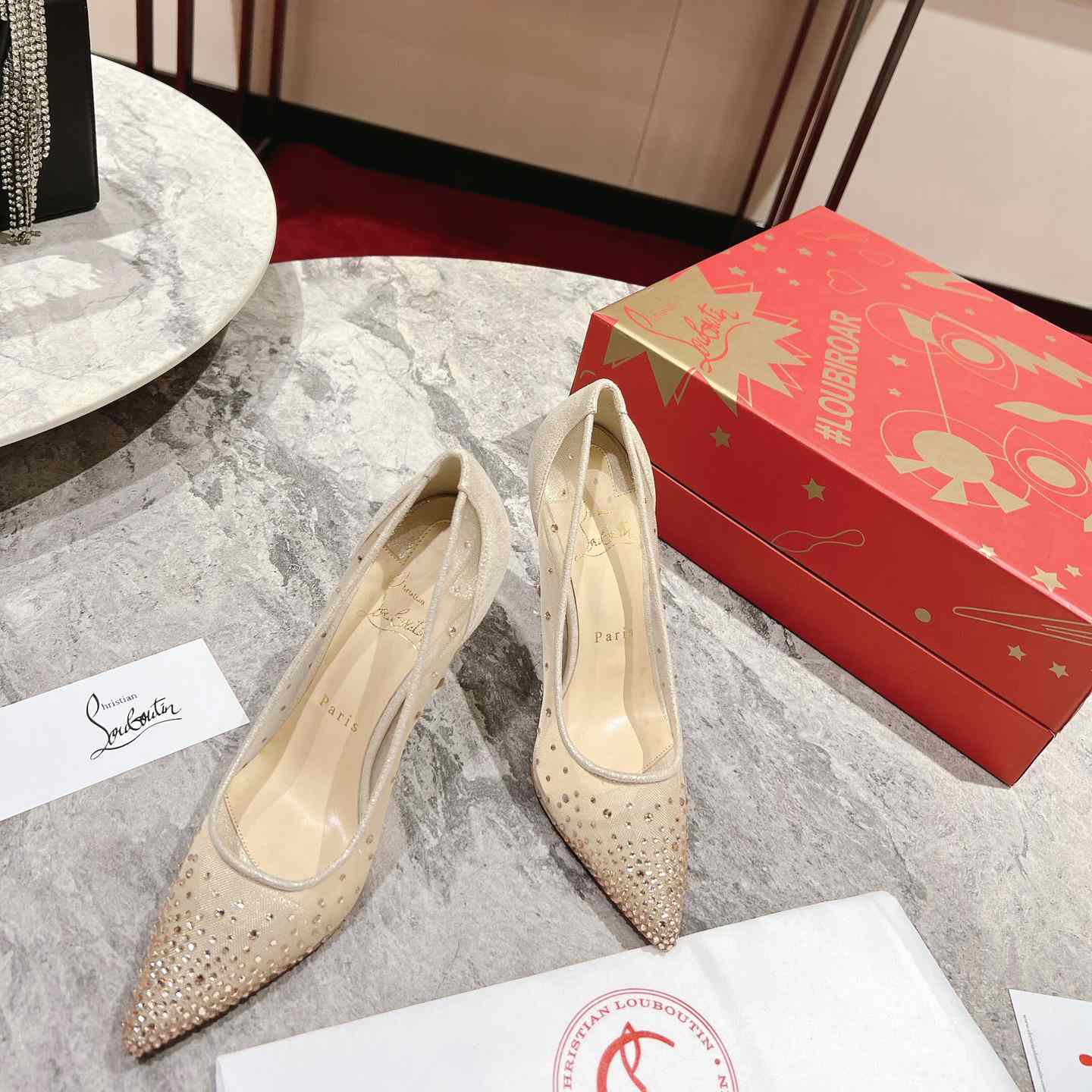 Christian Louboutin Follies Strass 85 mm Pumps - Irridescent Suede Calf, Net And Strass - Light Silk - DesignerGu