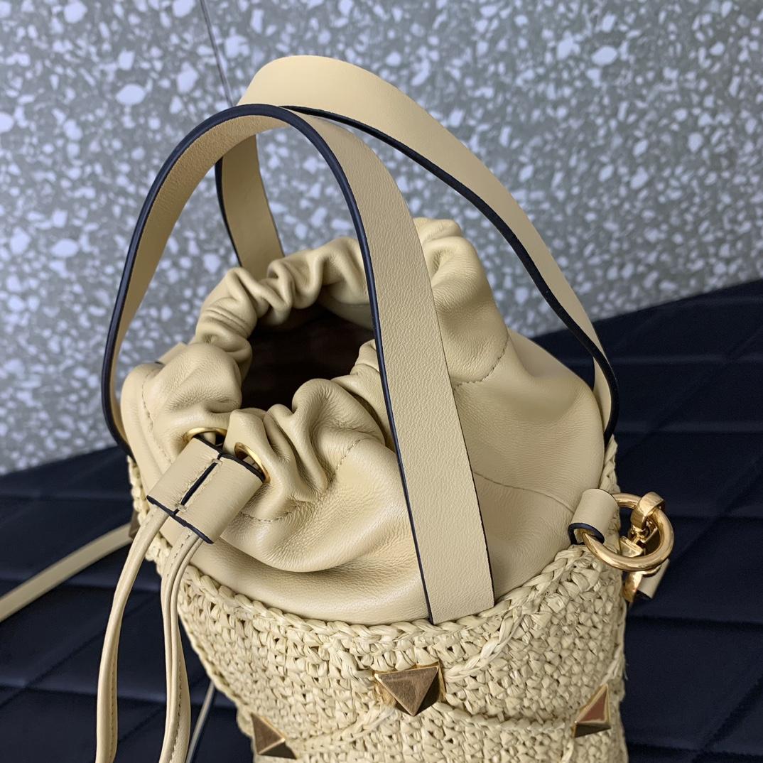 Valenti  Roman Stud Raffia Bucket Bag - DesignerGu