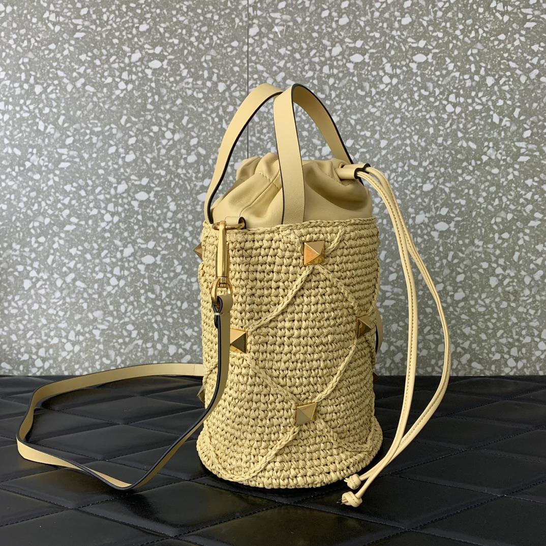 Valenti  Roman Stud Raffia Bucket Bag - DesignerGu