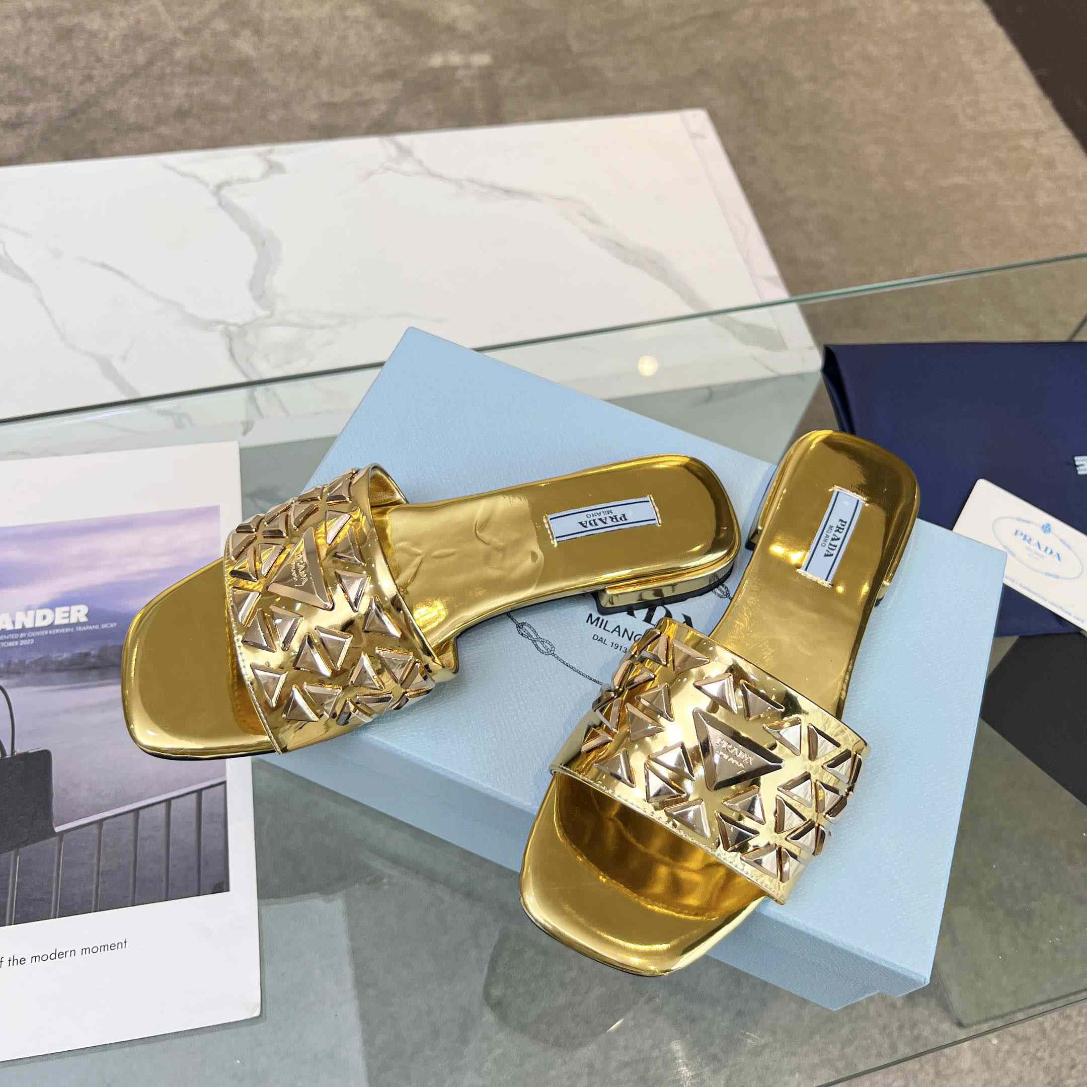 Prada Studded Metallic Leather Slides - DesignerGu