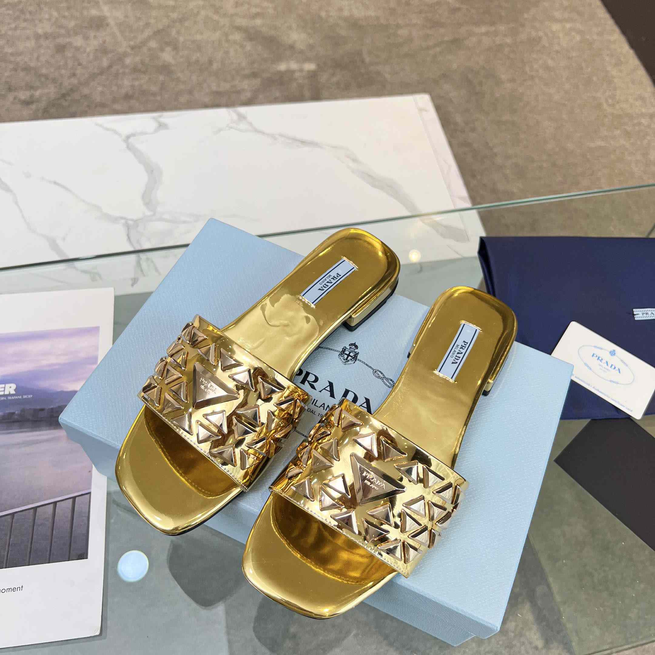 Prada Studded Metallic Leather Slides - DesignerGu