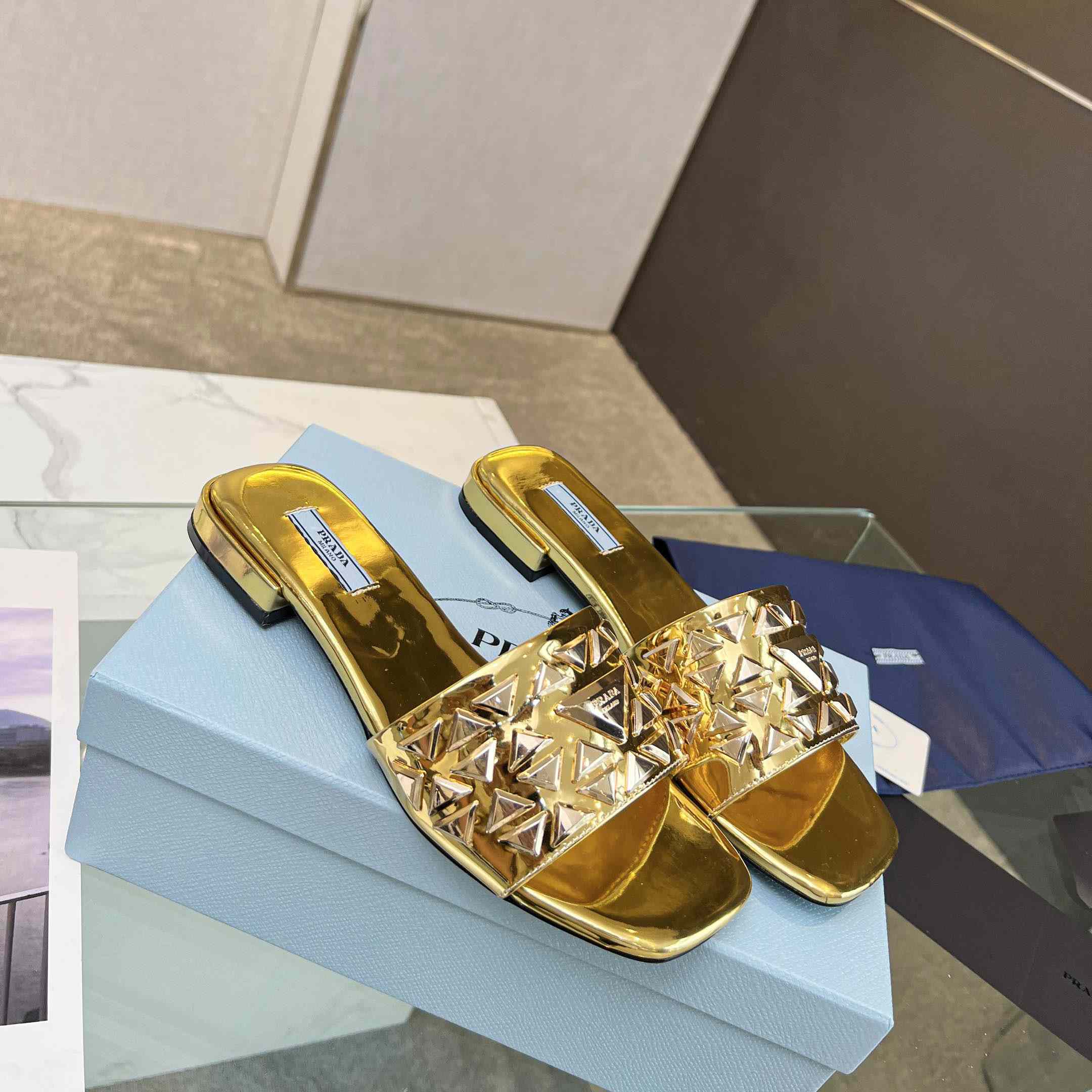 Prada Studded Metallic Leather Slides - DesignerGu