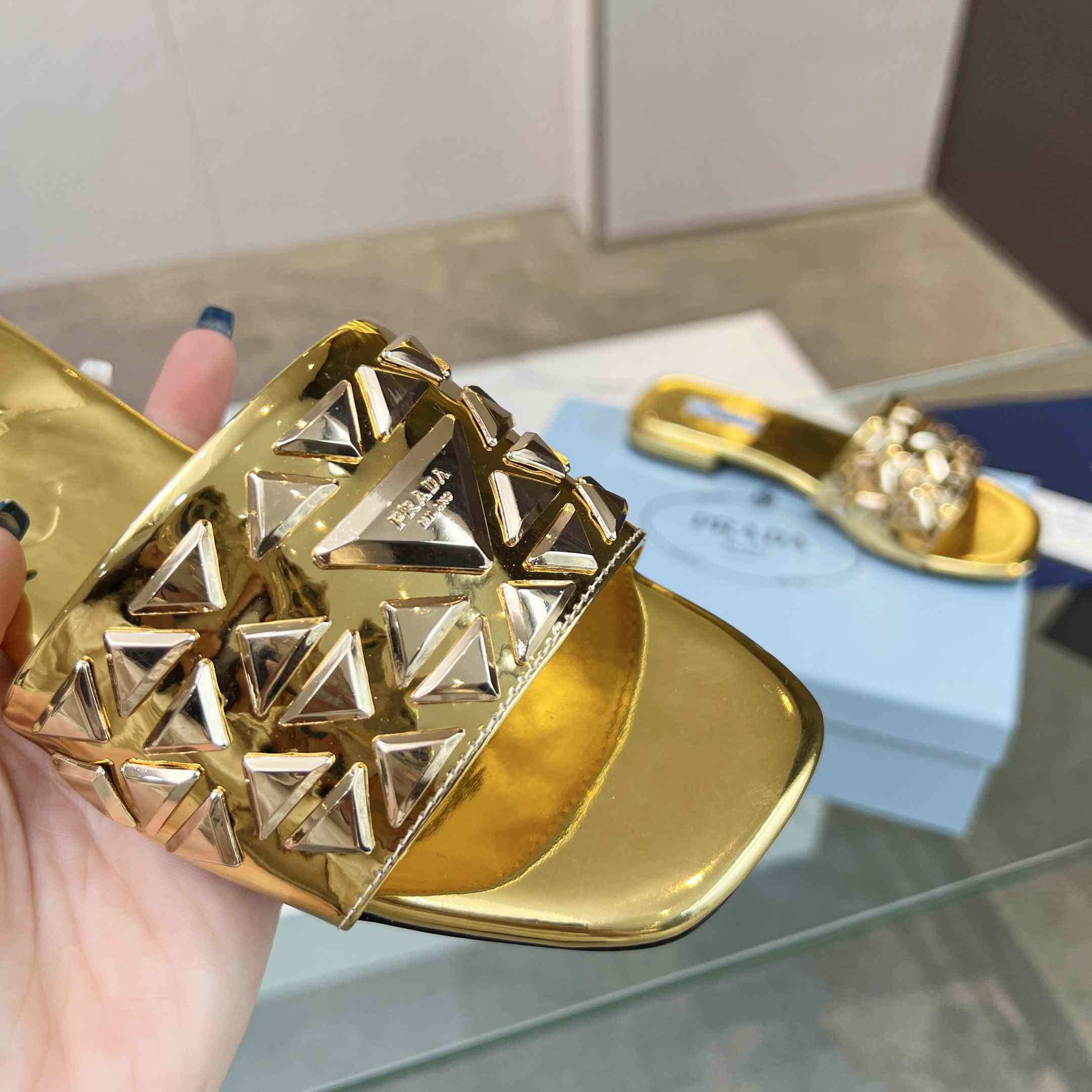 Prada Studded Metallic Leather Slides - DesignerGu