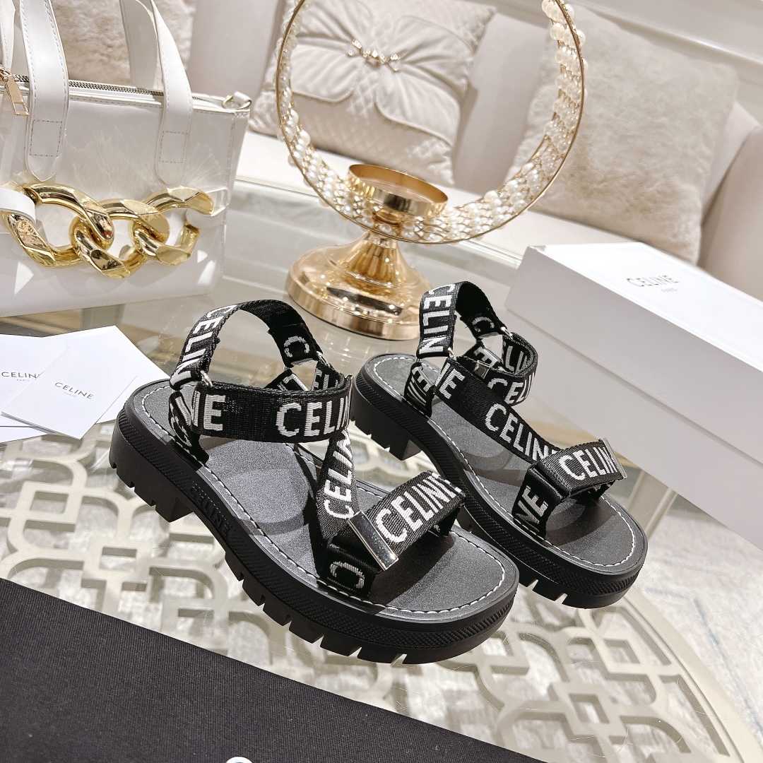 Celine Leo Strappy Sandal In With ''Celine'' Jacquard Black / White - DesignerGu