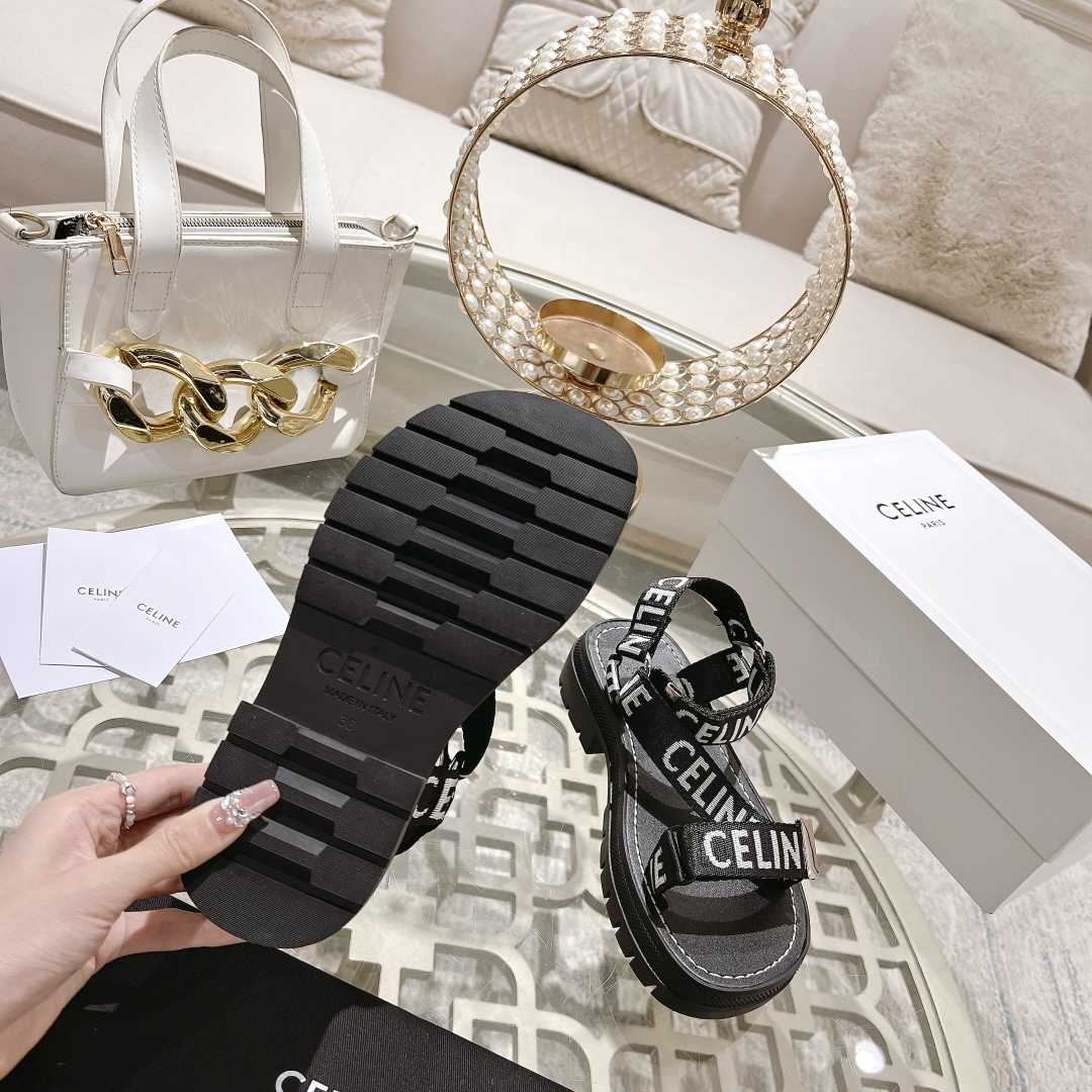 Celine Leo Strappy Sandal In With ''Celine'' Jacquard Black / White - DesignerGu