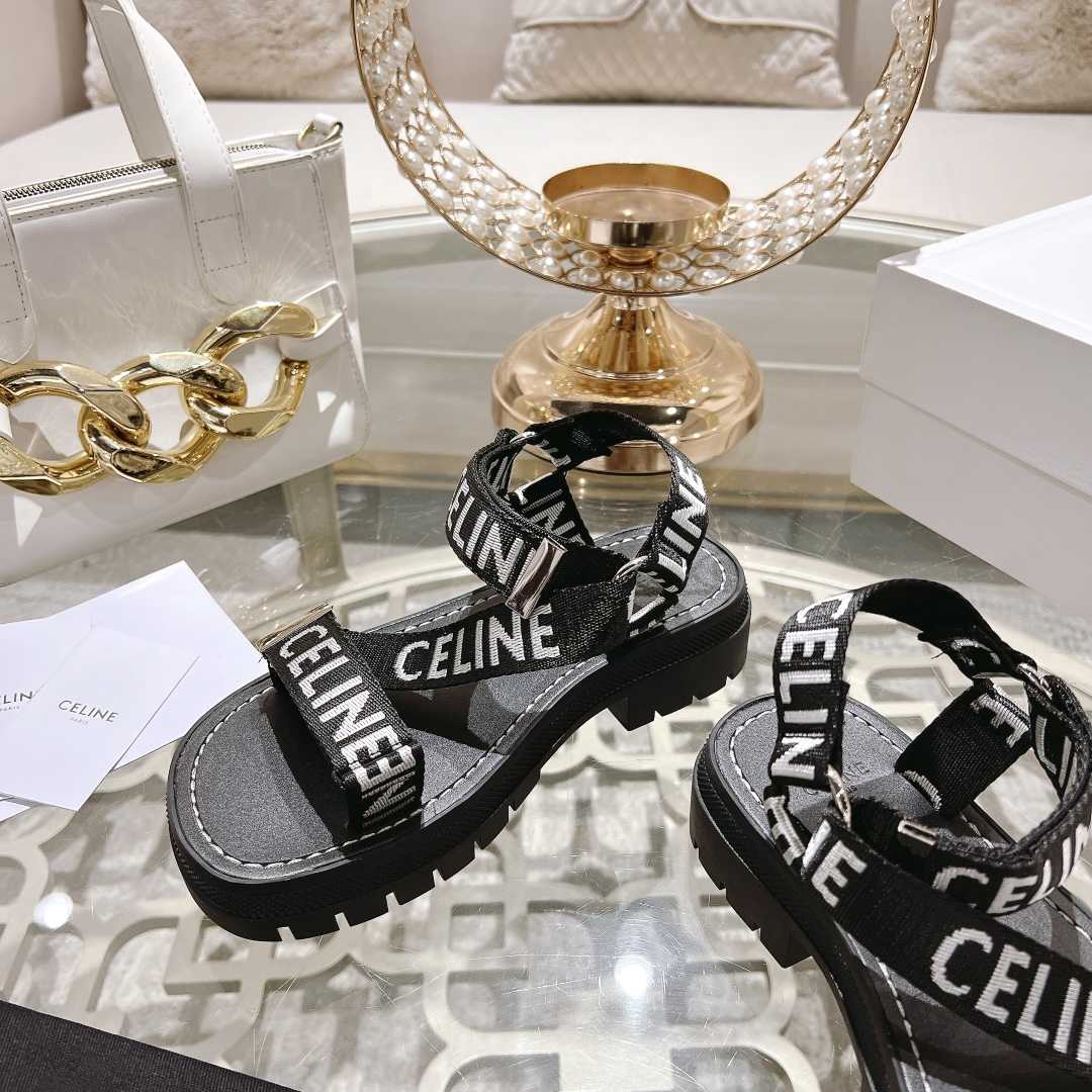 Celine Leo Strappy Sandal In With ''Celine'' Jacquard Black / White - DesignerGu