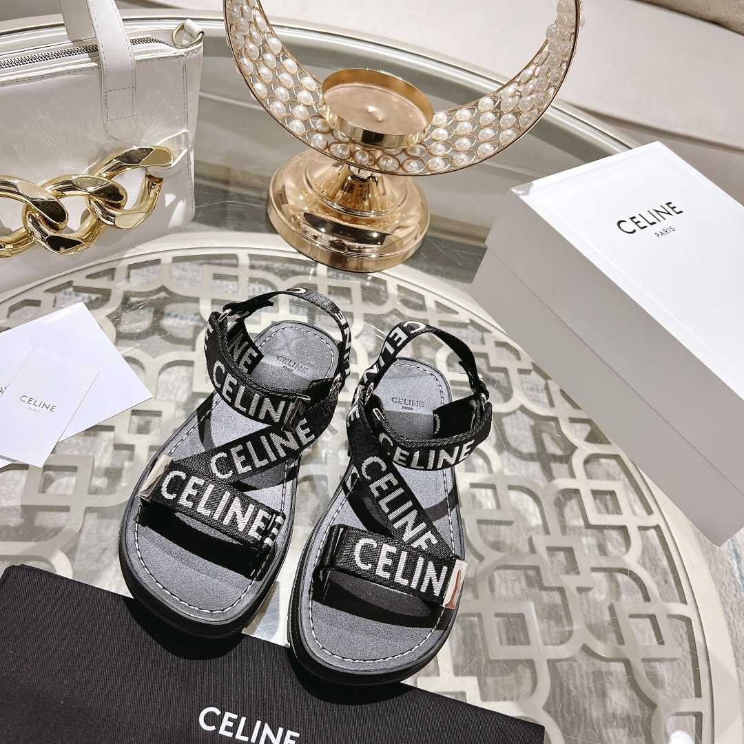 Celine Leo Strappy Sandal In With ''Celine'' Jacquard Black / White - DesignerGu