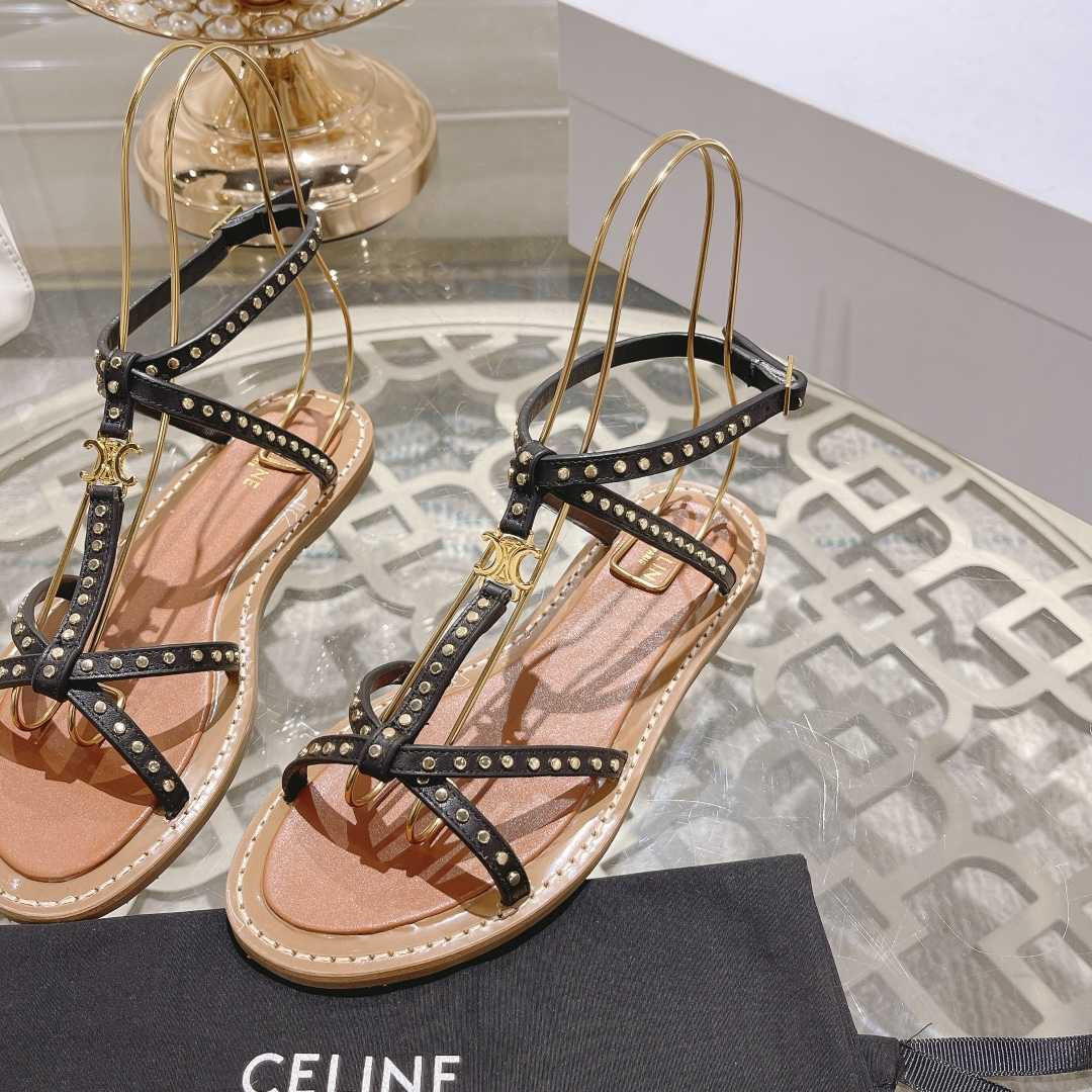 Celine Taillat Flat Sandal With Studs In Calfskin - Vegetal Tanning & Studs Black - DesignerGu