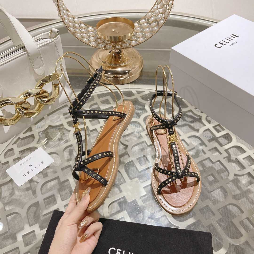 Celine Taillat Flat Sandal With Studs In Calfskin - Vegetal Tanning & Studs Black - DesignerGu