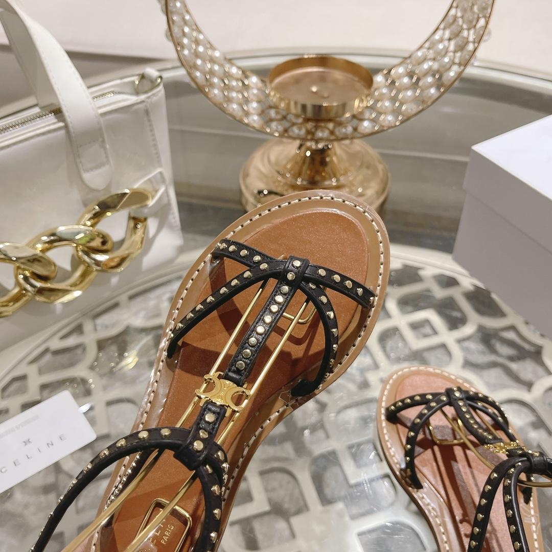 Celine Taillat Flat Sandal With Studs In Calfskin - Vegetal Tanning & Studs Black - DesignerGu