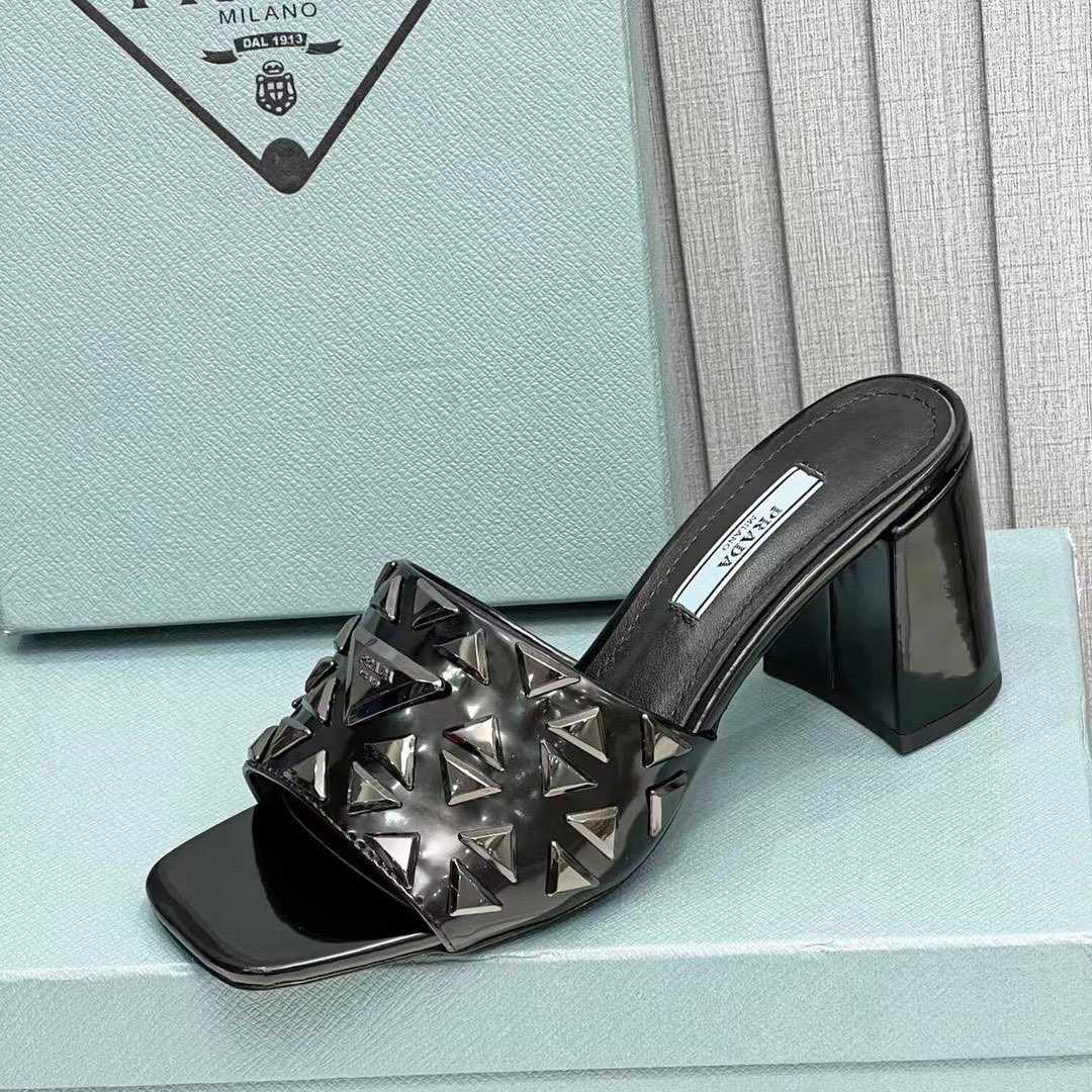 Prada Studded Metallic Leather Mules - DesignerGu