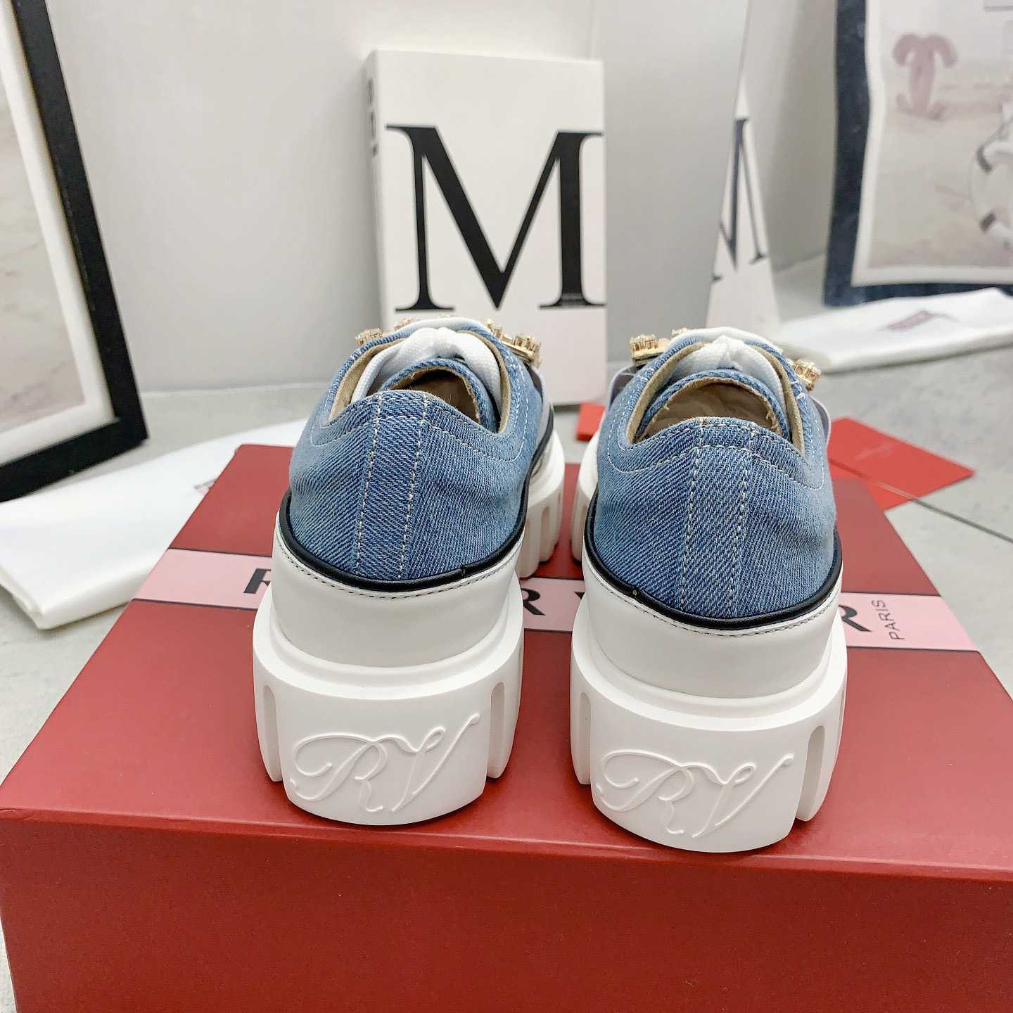 Roger Vivier Viv' Go-Thick Strass Buckle Slip-on Sneakers In Denim - DesignerGu