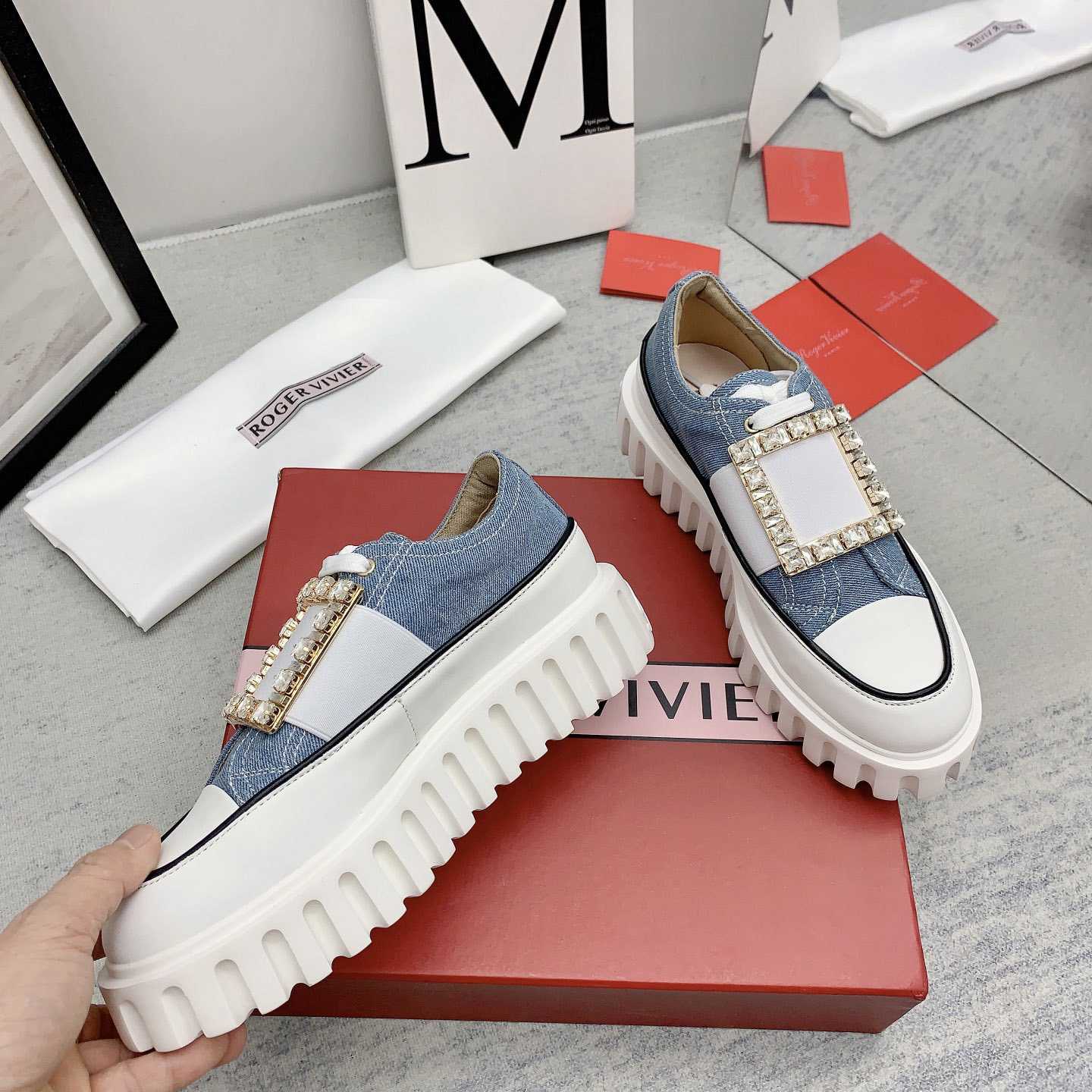 Roger Vivier Viv' Go-Thick Strass Buckle Slip-on Sneakers In Denim - DesignerGu