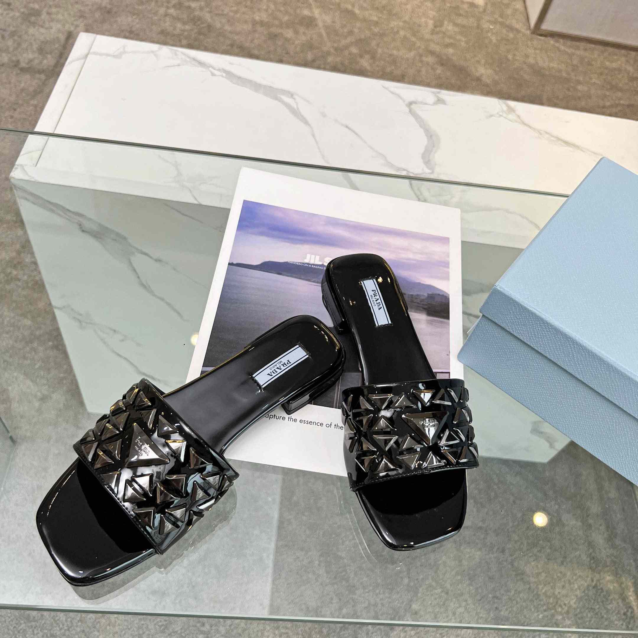 Prada Studded Metallic Leather Slides - DesignerGu