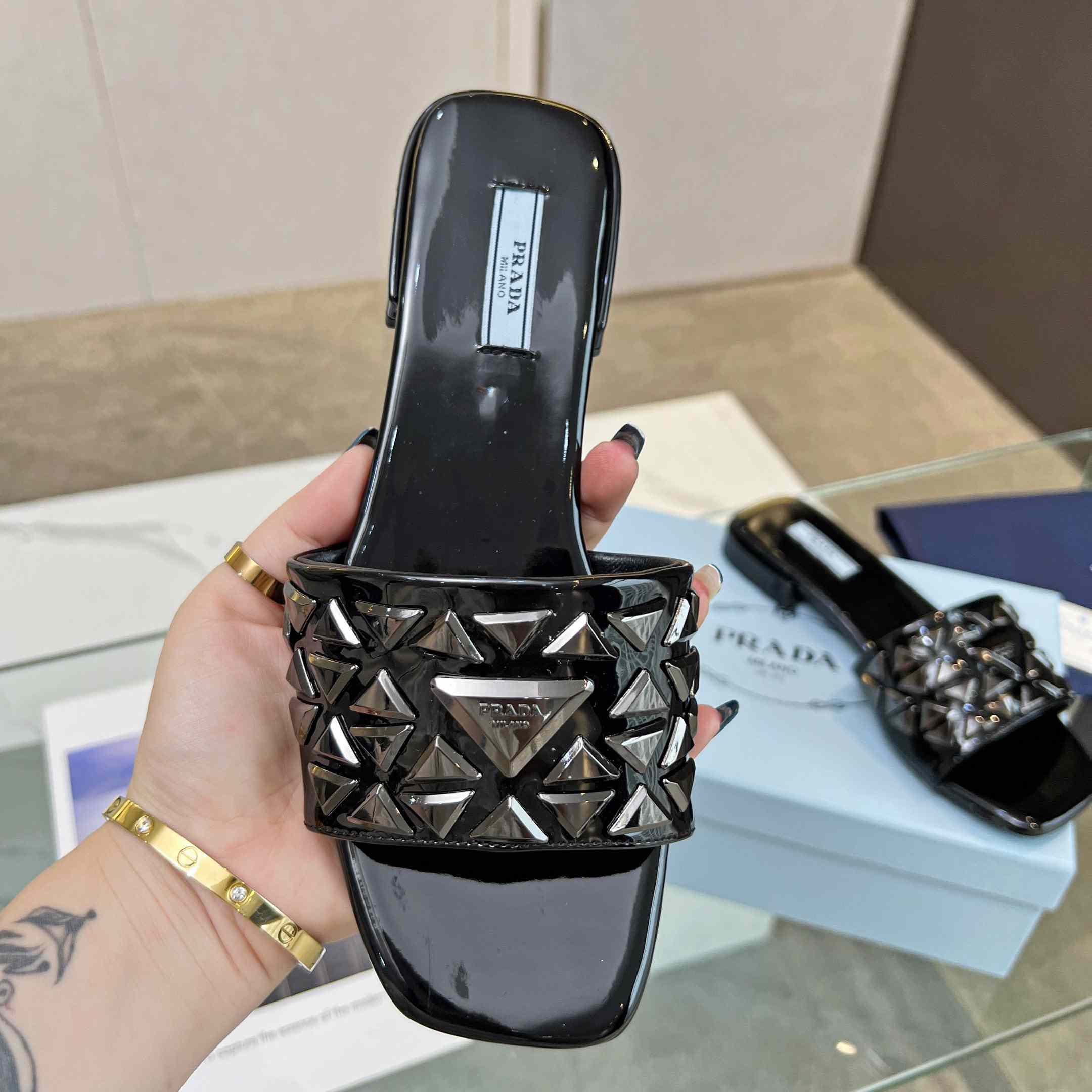 Prada Studded Metallic Leather Slides - DesignerGu