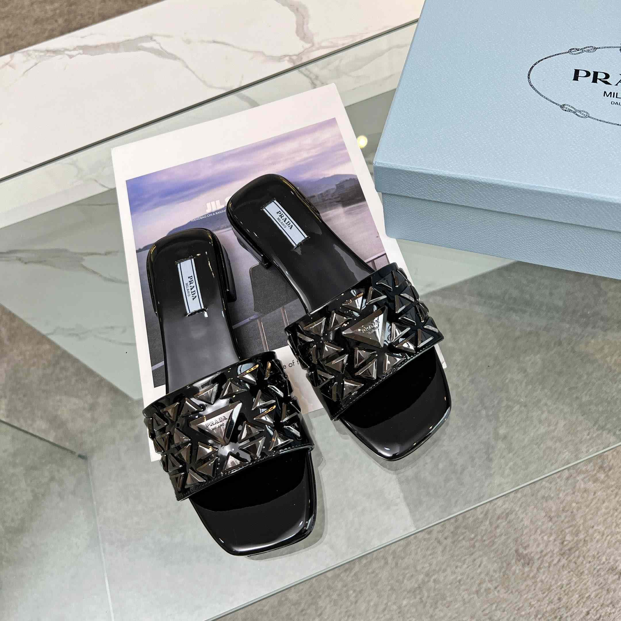 Prada Studded Metallic Leather Slides - DesignerGu