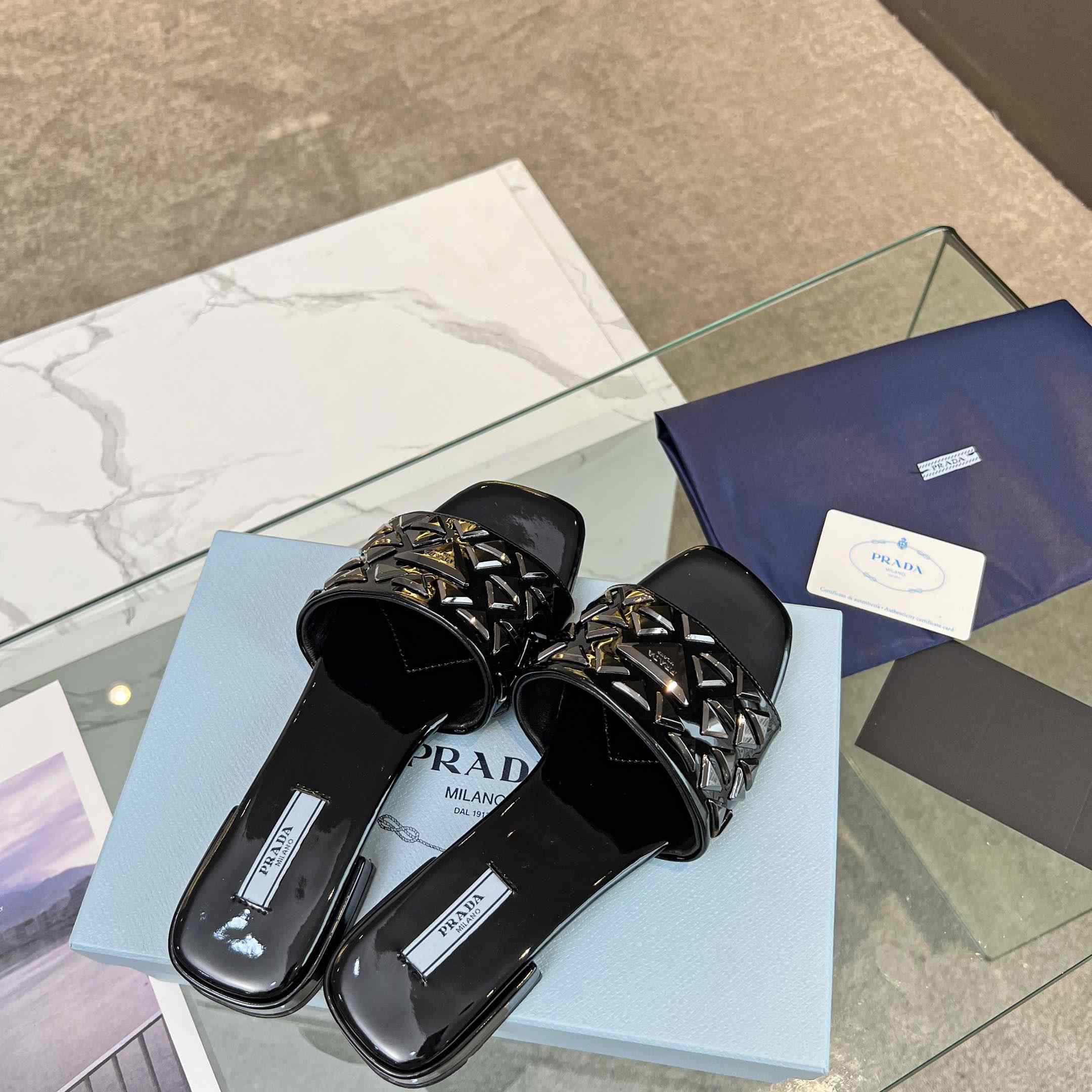 Prada Studded Metallic Leather Slides - DesignerGu