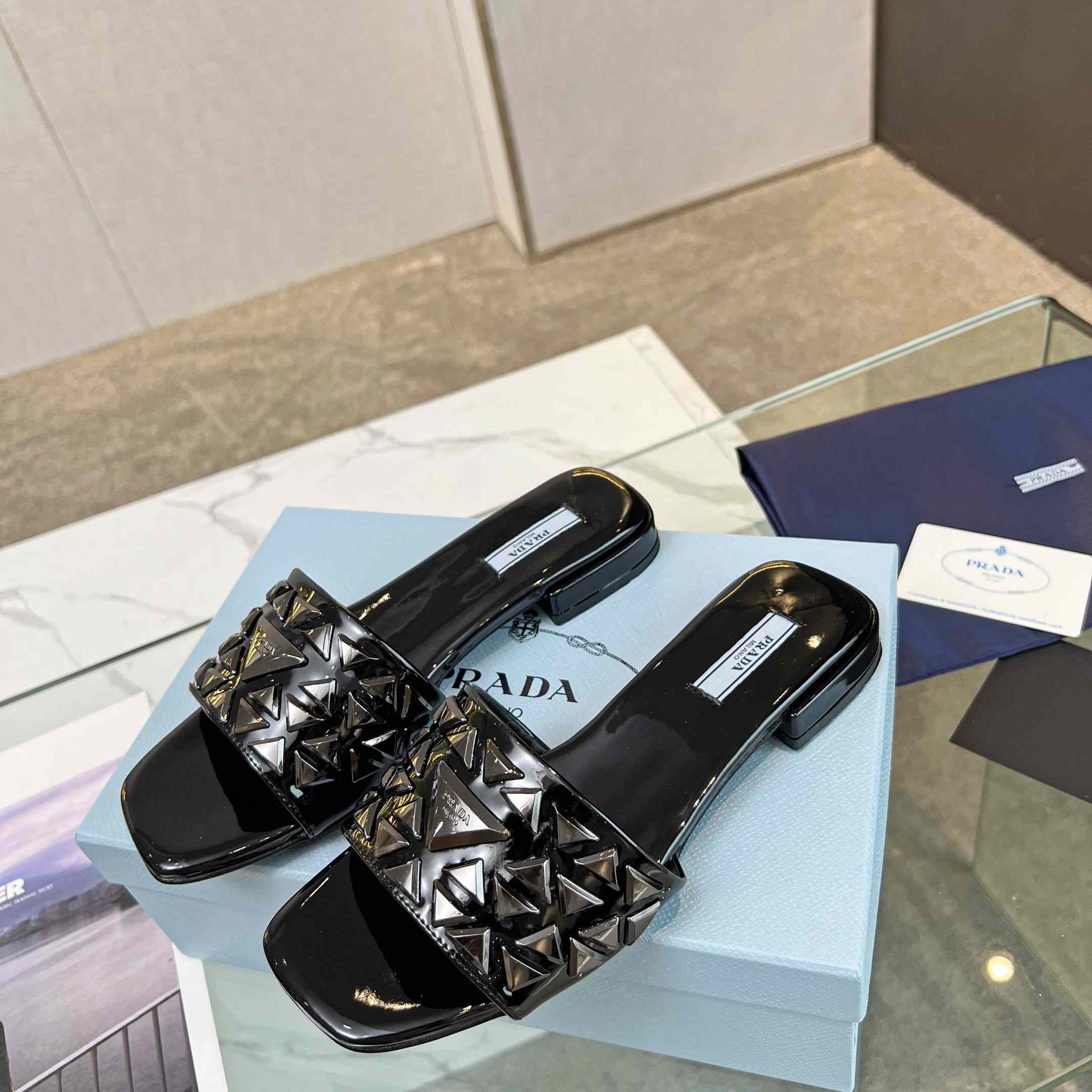 Prada Studded Metallic Leather Slides - DesignerGu